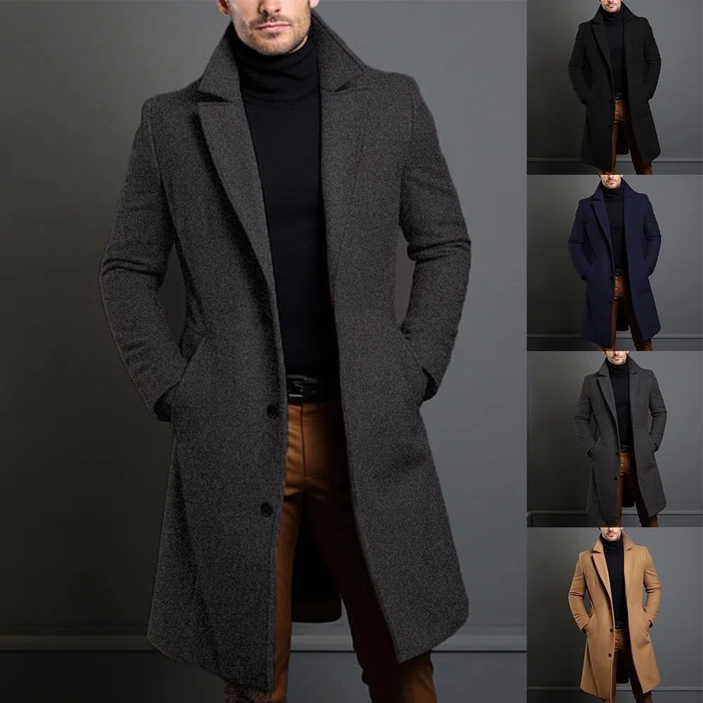 Cappotto da uomo nero di lusso, soprabito lungo e caldo a petto singolo (S Grigio scuro)