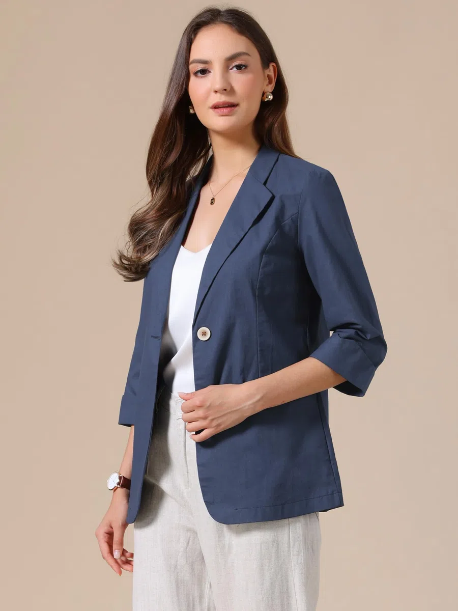 Allegra K Blazer Casual da Donna Estivo Giacca Leggera in Cotone e Lino con Maniche a 3/4