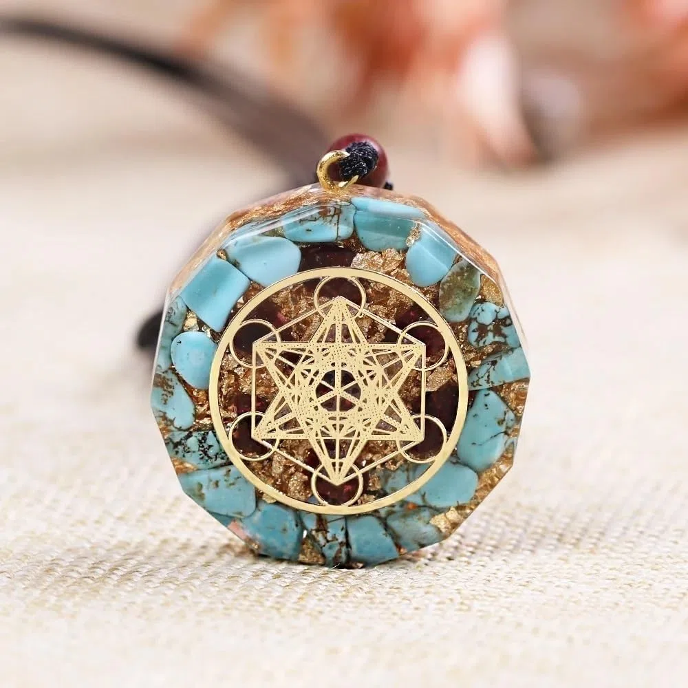 Ciondolo in orgonite Fatto a Mano Metatron Cube Reiki Ciondolo in Cristallo di orgone Turchese