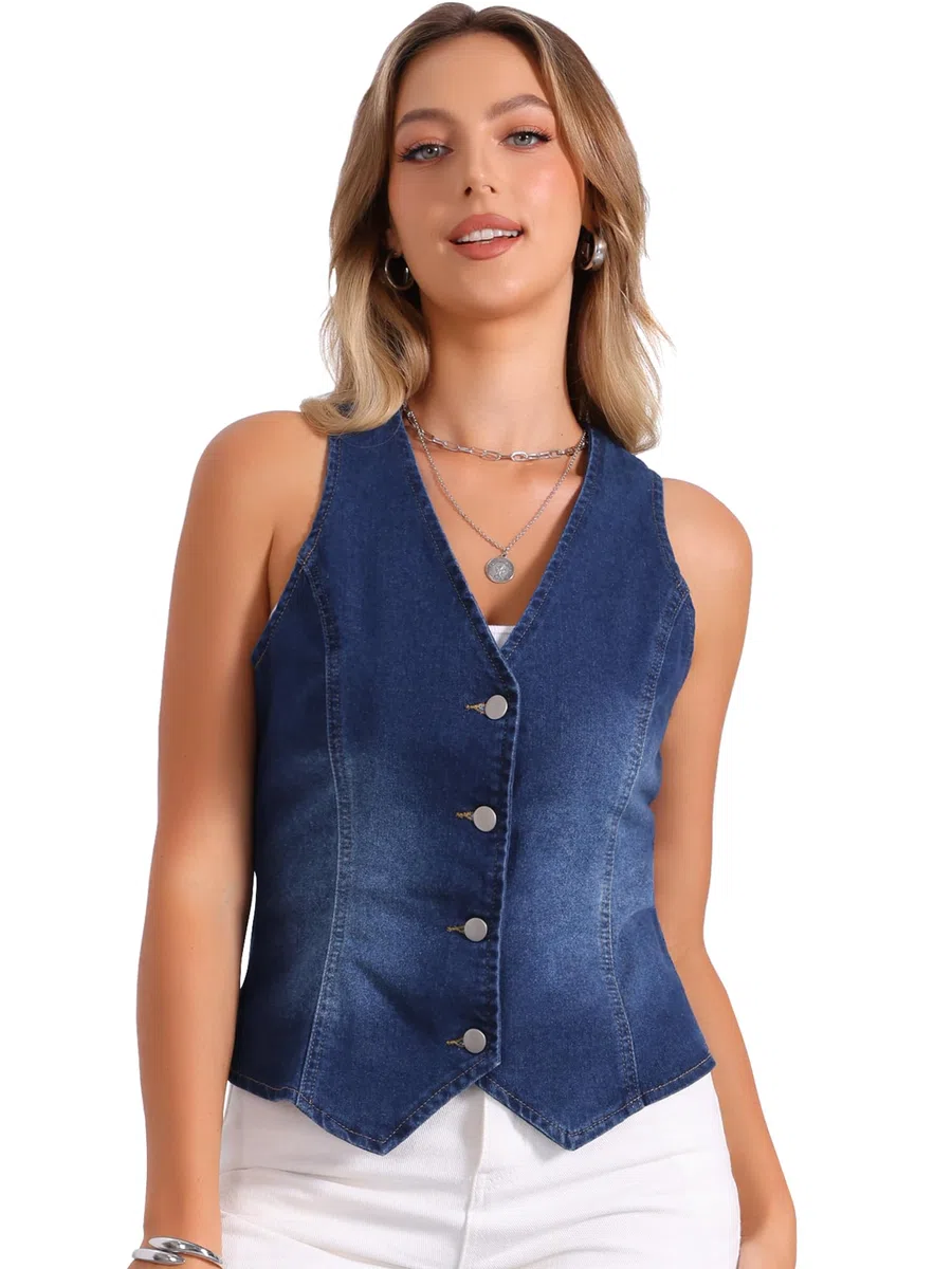 Allegra K Gilet Jeans Donna Estivo Gilet Elegante con Bottoni Scollo A V Giubbotto Senza Maniche Giacca In Denim