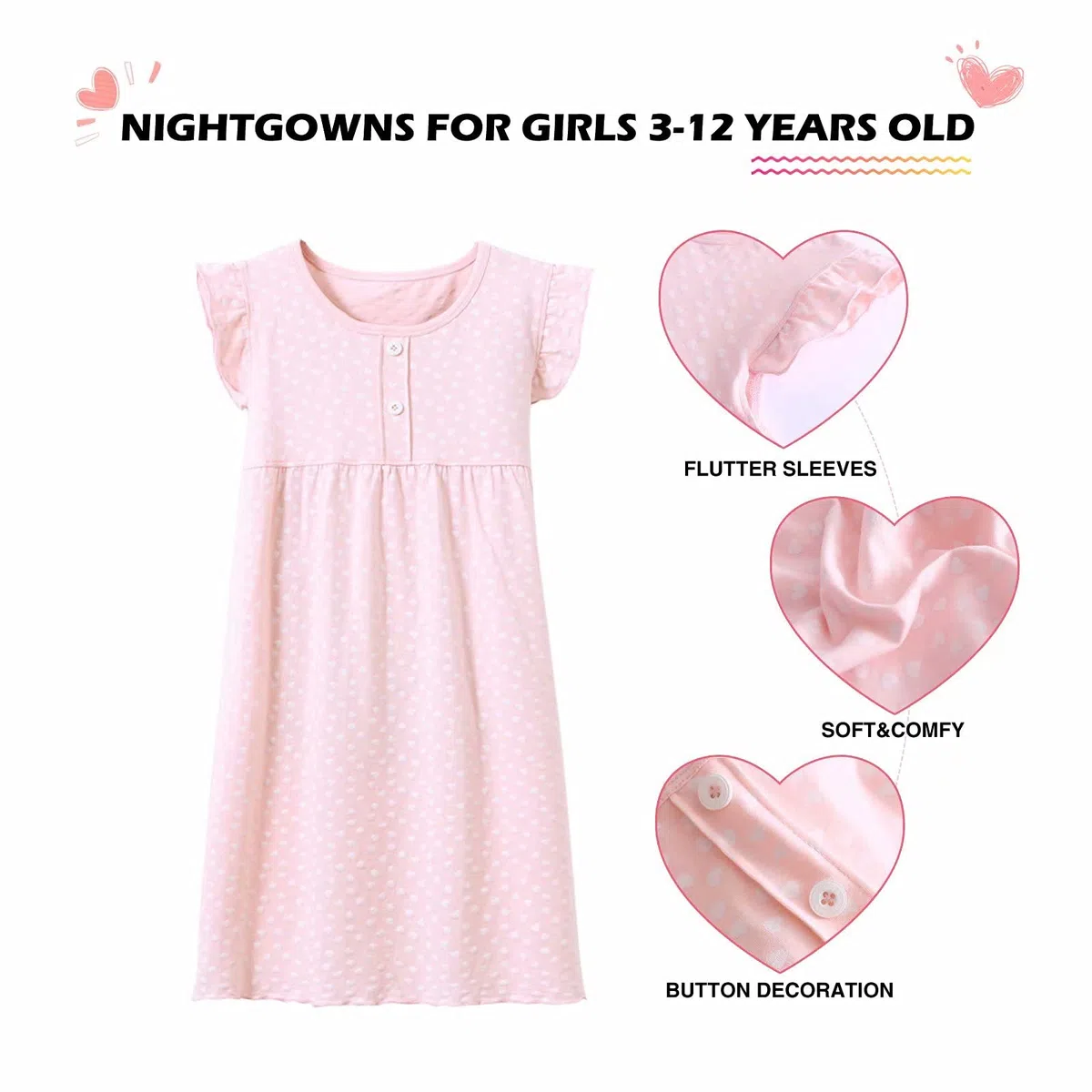 BANGSAUR Camicia da notte da bambina, in cotone, con stampa a cuore, da principessa, confezione da 2, 3-15 anni