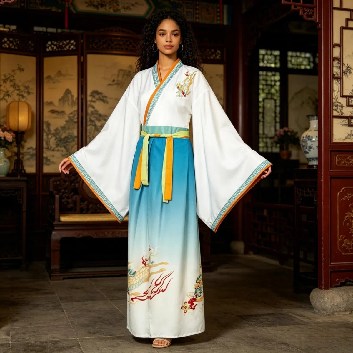 Cinese Hanfu Abito Donna, Set di Costumi Tradizionali Cinese, Manica Allentata Ricamato Hanfu per Orientale Cosplay Festa Quotidiana Spettacolo (con Accessori)