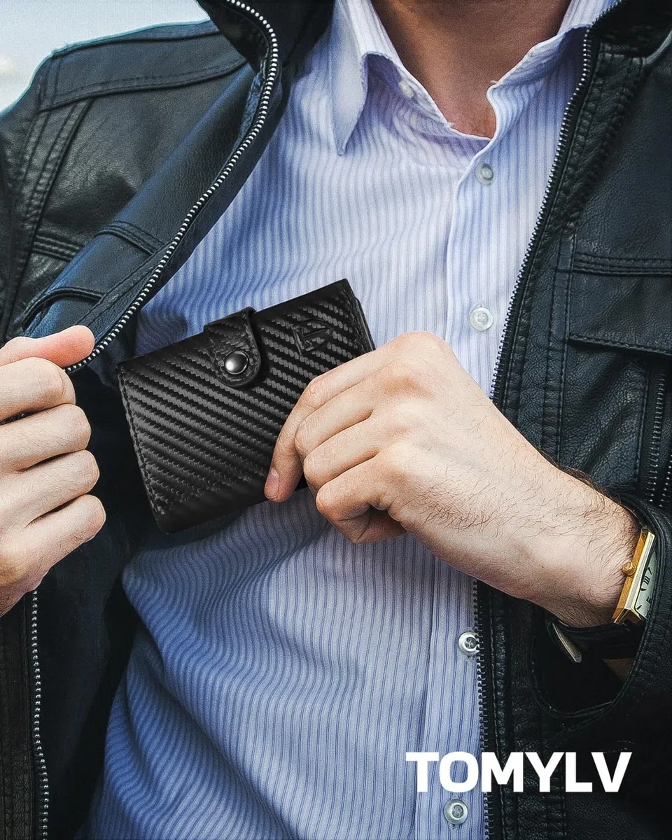 Portafoglio Uomo Slim RFID Blocking, Fibra di Carbonio Porta Carte di Credito Uomo - ID Window, Tasca Portamonete con Cerniera, Scomparto per Banconota, Confezione Regalo - Nero Arancione