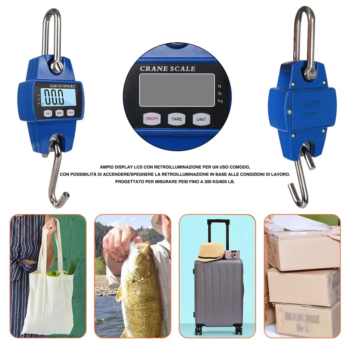 Voltix Portatile Bilancia Digitale da Appendere per Impieghi Gravosi, 300kg 600 lb Mini Bilancia a Sospensione con Display LCD e Batterie Incluse (Blu)