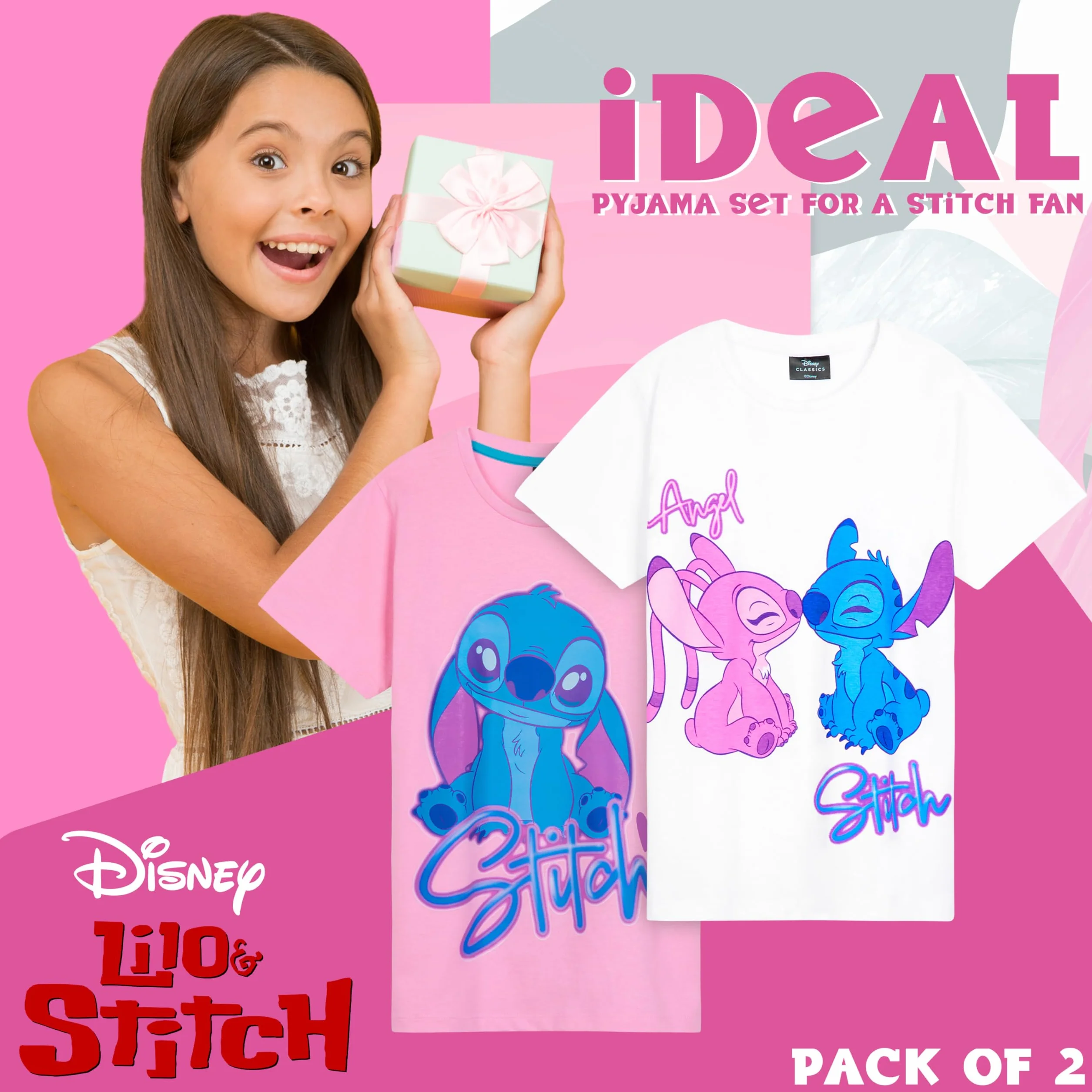 Disney Stitch Pigiama Corto Bambina, Pack da 1 o 2 Pigiami Estivi Ragazza Confortevole, Set con T-Shirt e Shorts, Idea Regalo