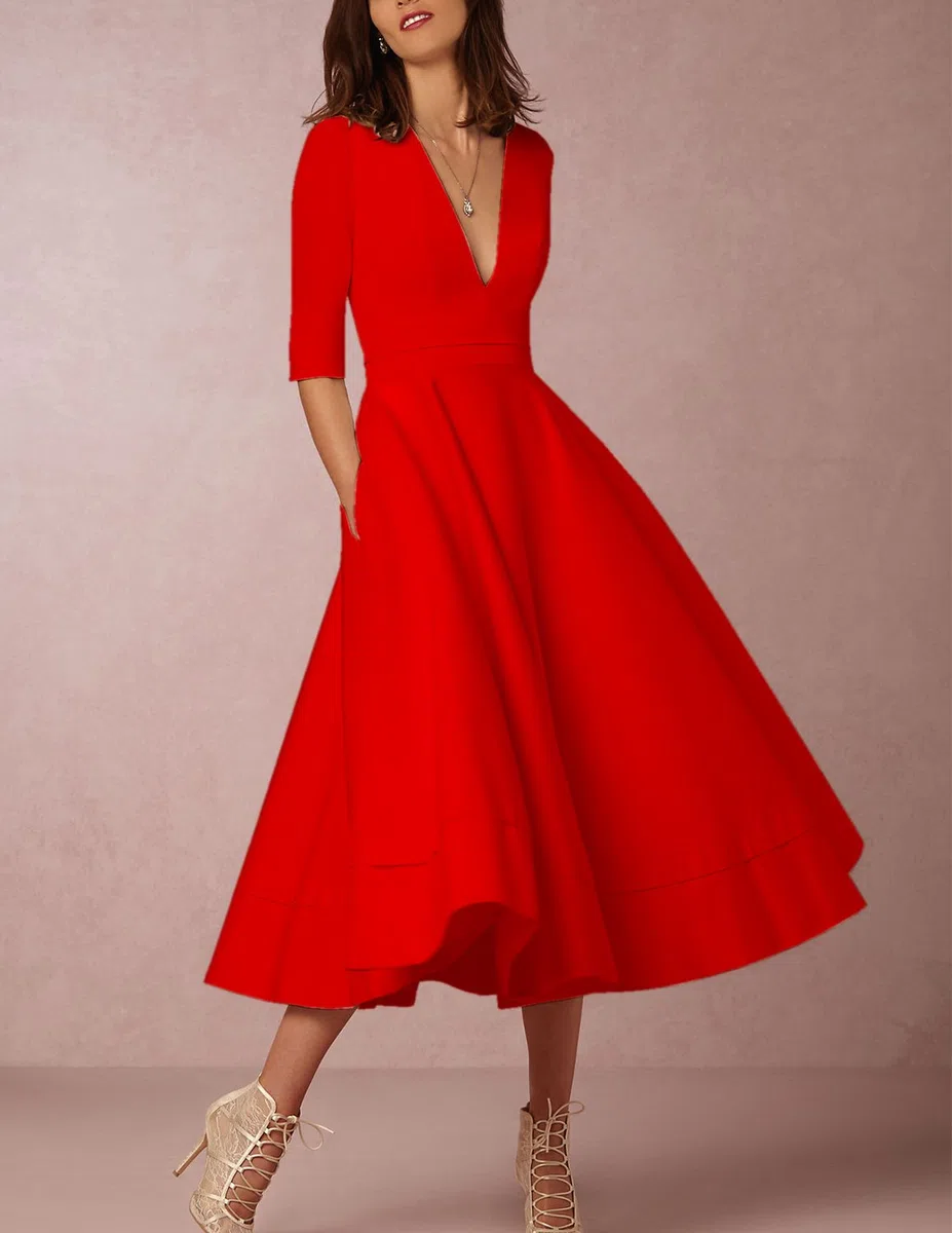 Donna Vestiti Lunghi da Matrimonio Elegante Collo V Vestito A Pieghe Skater Abito Maxi Damigella Sera Cerimonia Inverno