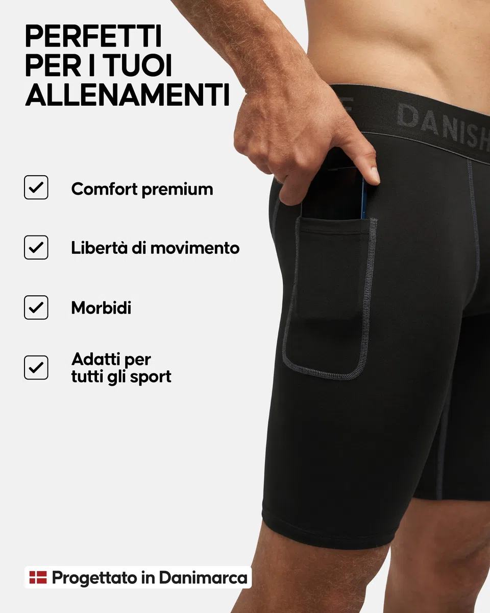 DANISH ENDURANCE Pantaloncini a Compressione, Shorts, Traspiranti e Quick Dry, con Tasca, da Uomo, 2 Paia