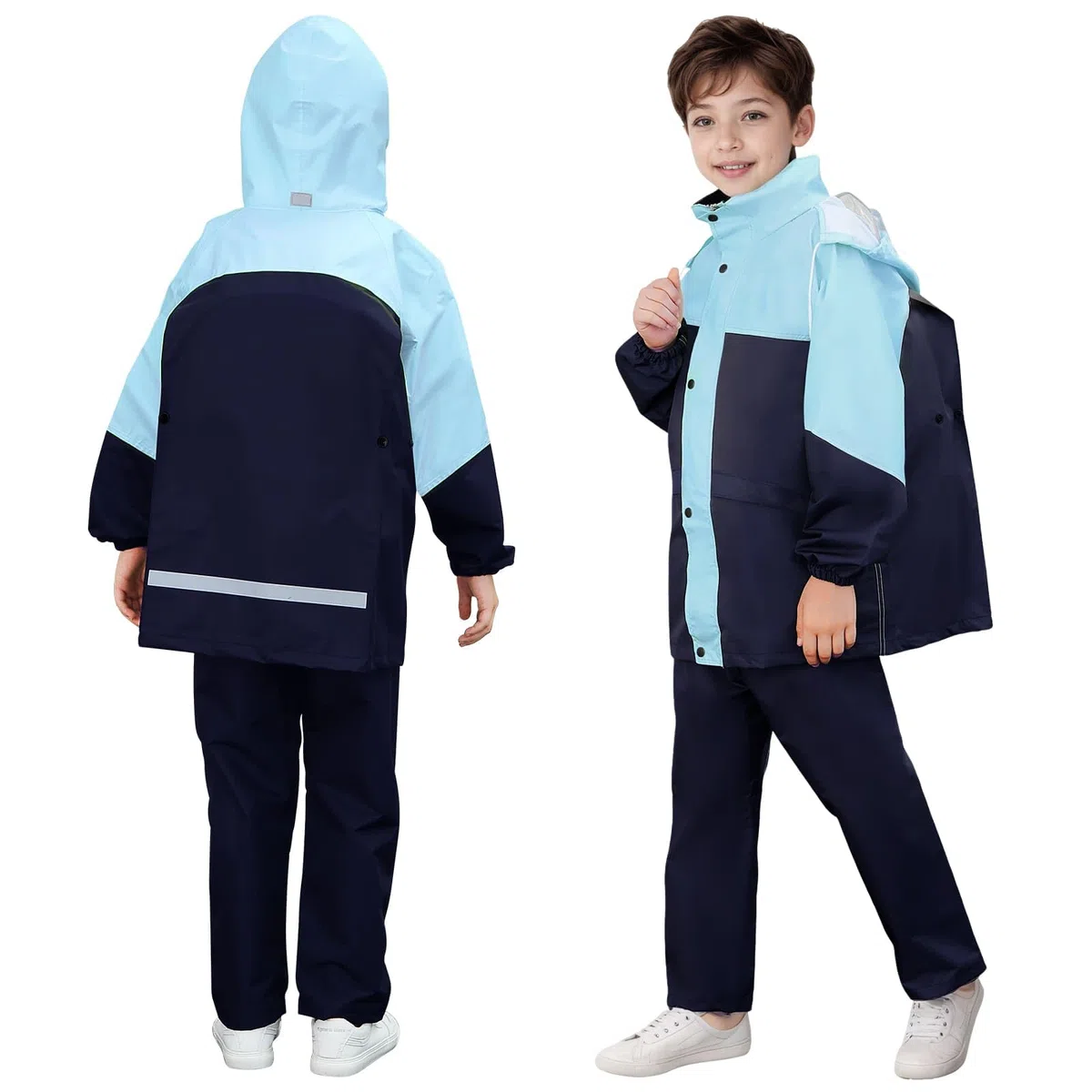 JinBei Tuta Impermeabile Ragazze Ragazzi, Leggero Tuta Pioggia con Cappuccio Bambina Pantaloni e Giacca Antipioggia Impermeabili Completo con Strisce Riflettenti per Scuola Camping 8-14 Anni