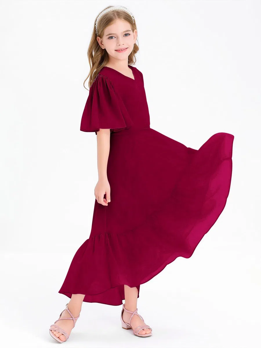 Haloumoning Abito estivo da ragazza, con scollo a V, con volant, casual, a linea, flowy, alto, basso, lungo, elegante, abito da sera lungo
