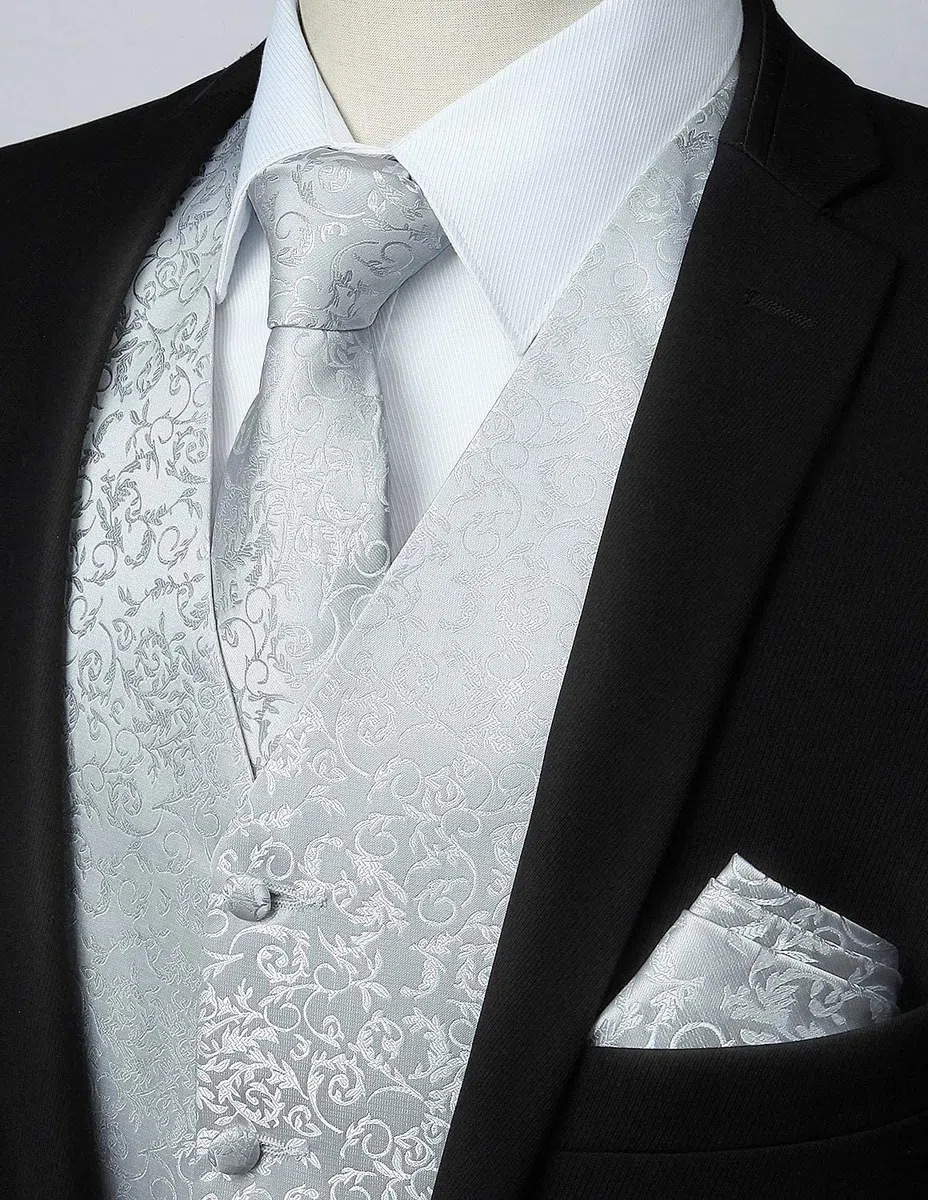 HISDERN Set di gilet e cravatta jacquard floreali classici da uomo in paisley floreale e tasca quadrata