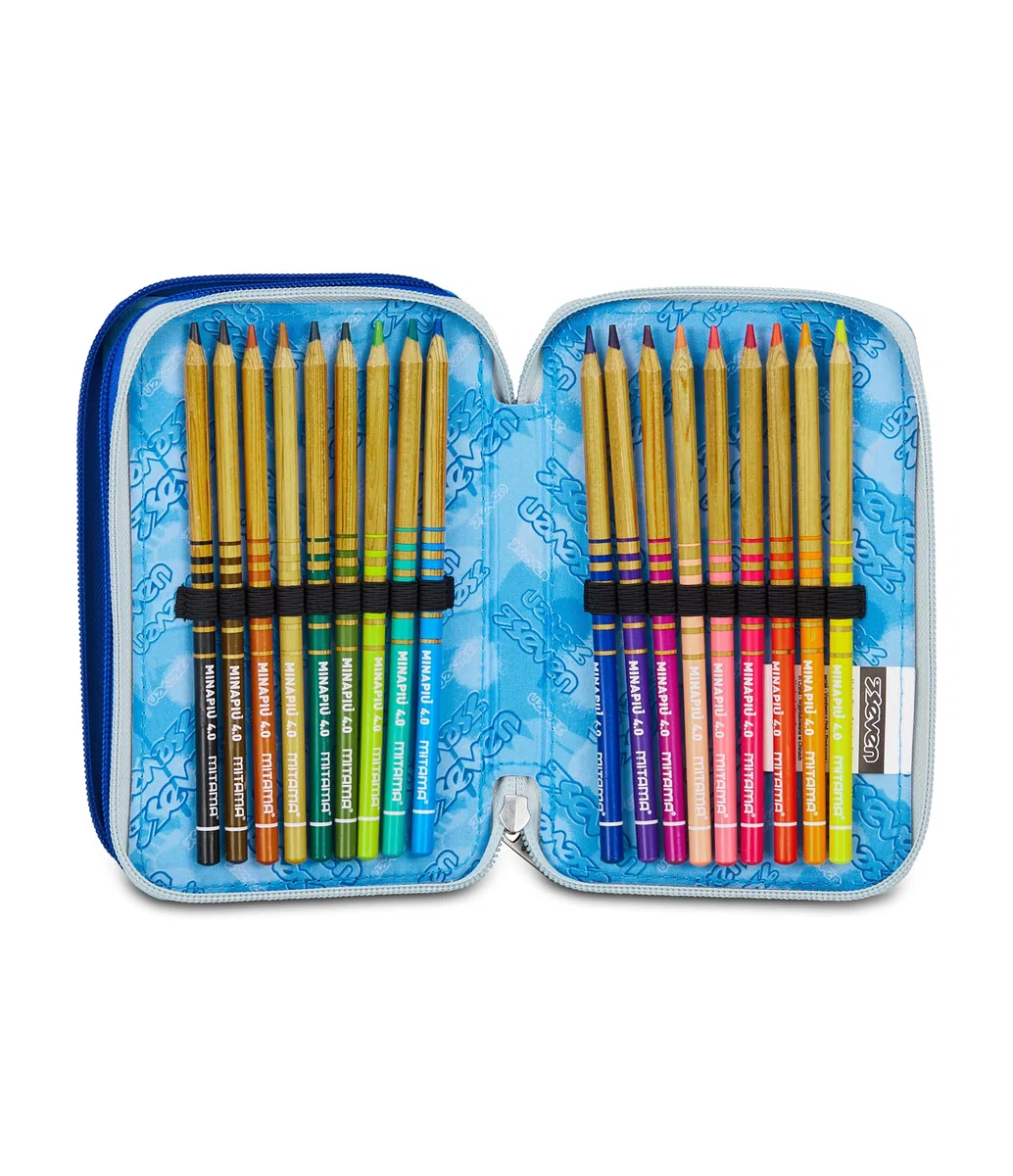 Seven Astuccio Scuola Elementare, 3 scomparti, Medie, con Matite, Pennarelli, Penne, 3 Zip, Hue & Writes, Bambino, Ragazzo, blu