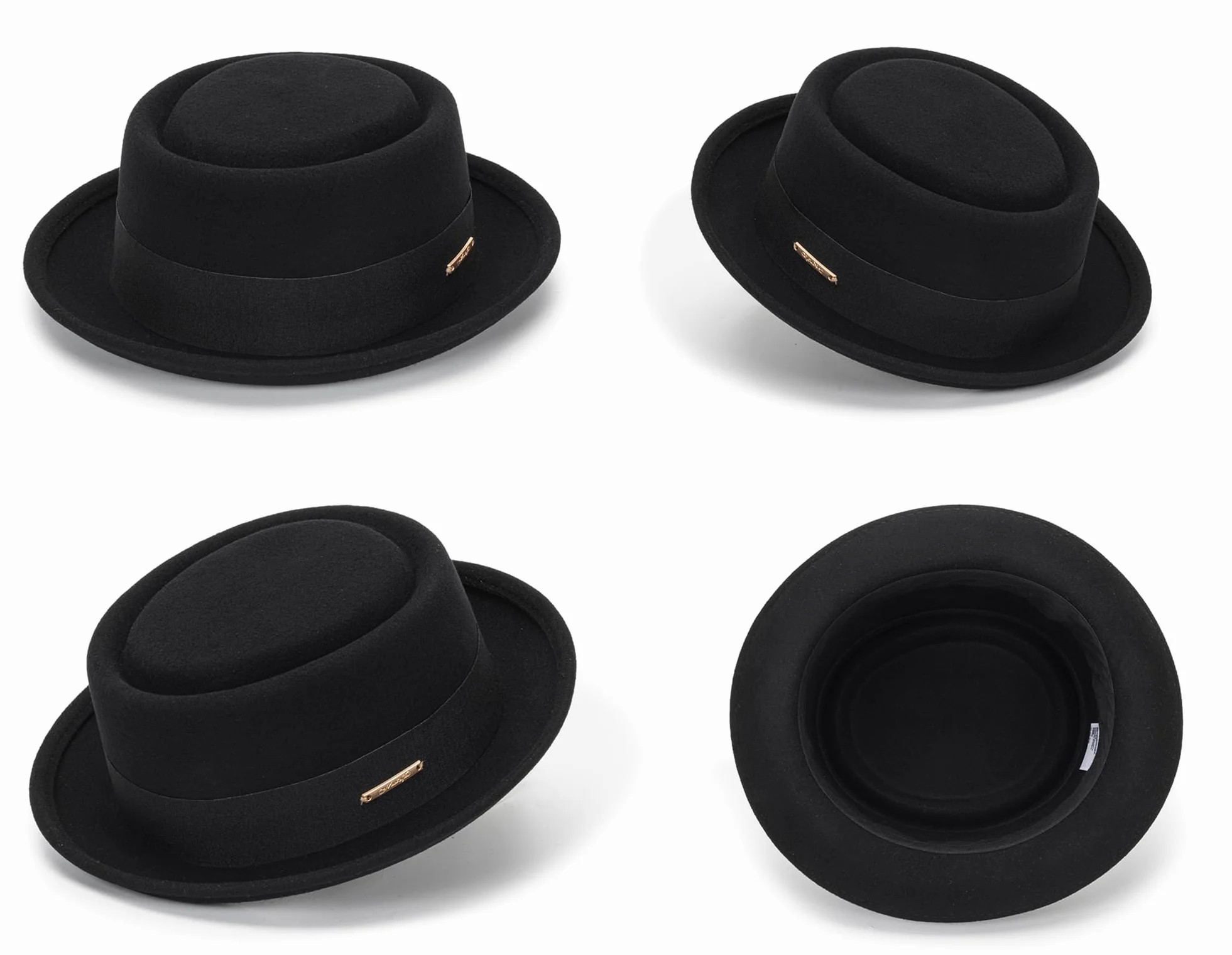 Cappello a bombetta da uomo con parte superiore piatta, in lana, stile vintage Porkpie