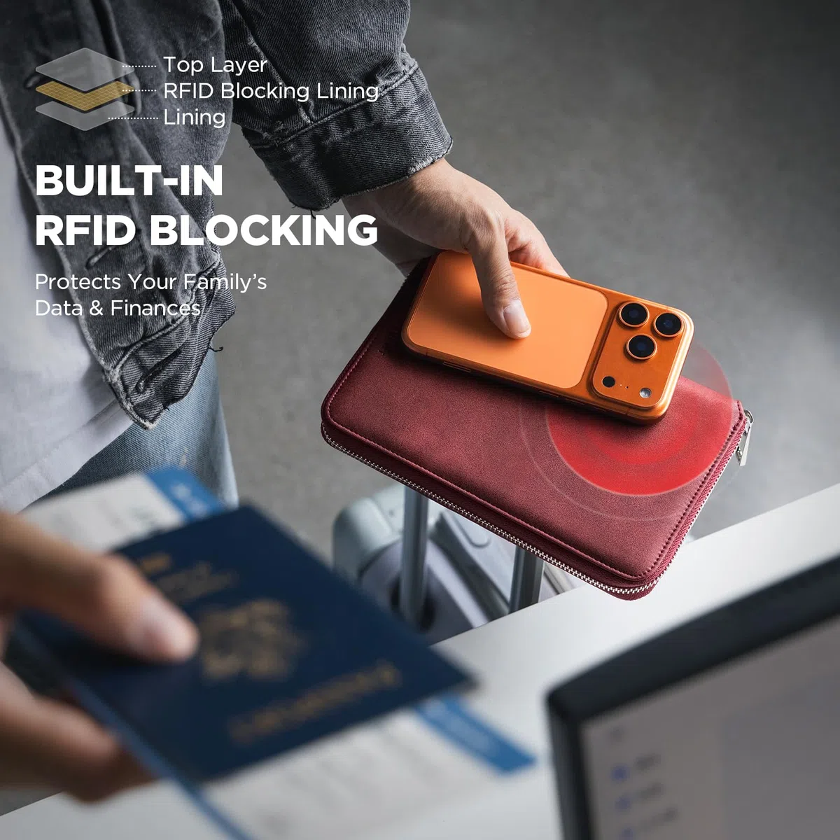 VULKIT Porta Passaporto Familiare per 3-4 Passaporti Portadocumenti da Viaggio Protezione RFID Portapassaporto da Viaggio Donna & Uomo per Denaro, Carte di Credito, ID Documenti - Borgogna