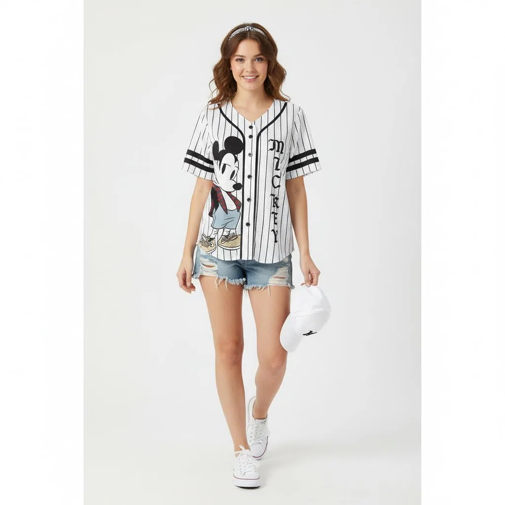 Disney Maglia da baseball da donna con bottoni Topolino e Plutone