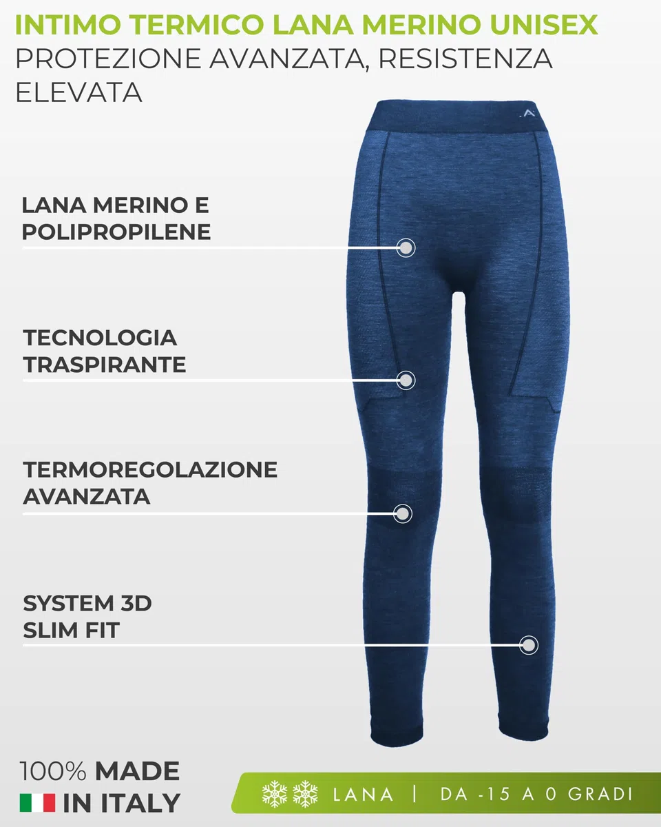 Risalti Calzamaglia Termica Uomo Donna Merino - Leggins Termici Donna Uomo in Lana Merino, Intimo Invernale Traspirante, Elasticizzato Senza Cuciture - Made in Italy