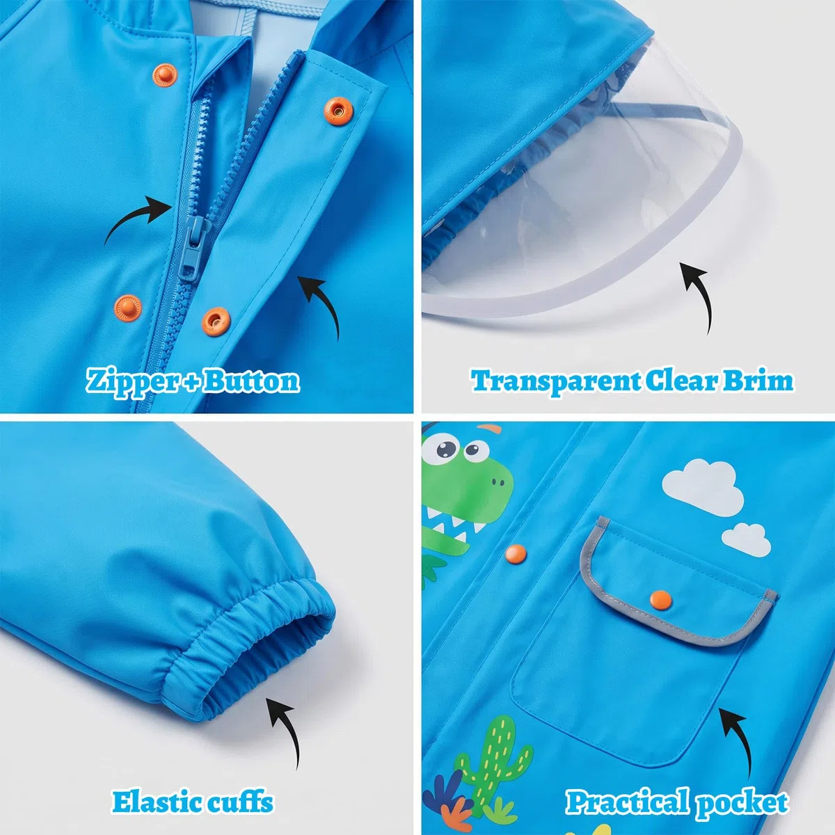 JinBei Poncho impermeabile per bambini, impermeabile, con cappuccio, traspirante, leggero, portatile, facile da asciugare, grazioso motivo con cartoni animati 3D, per bambini e ragazze dai 2 agli 8