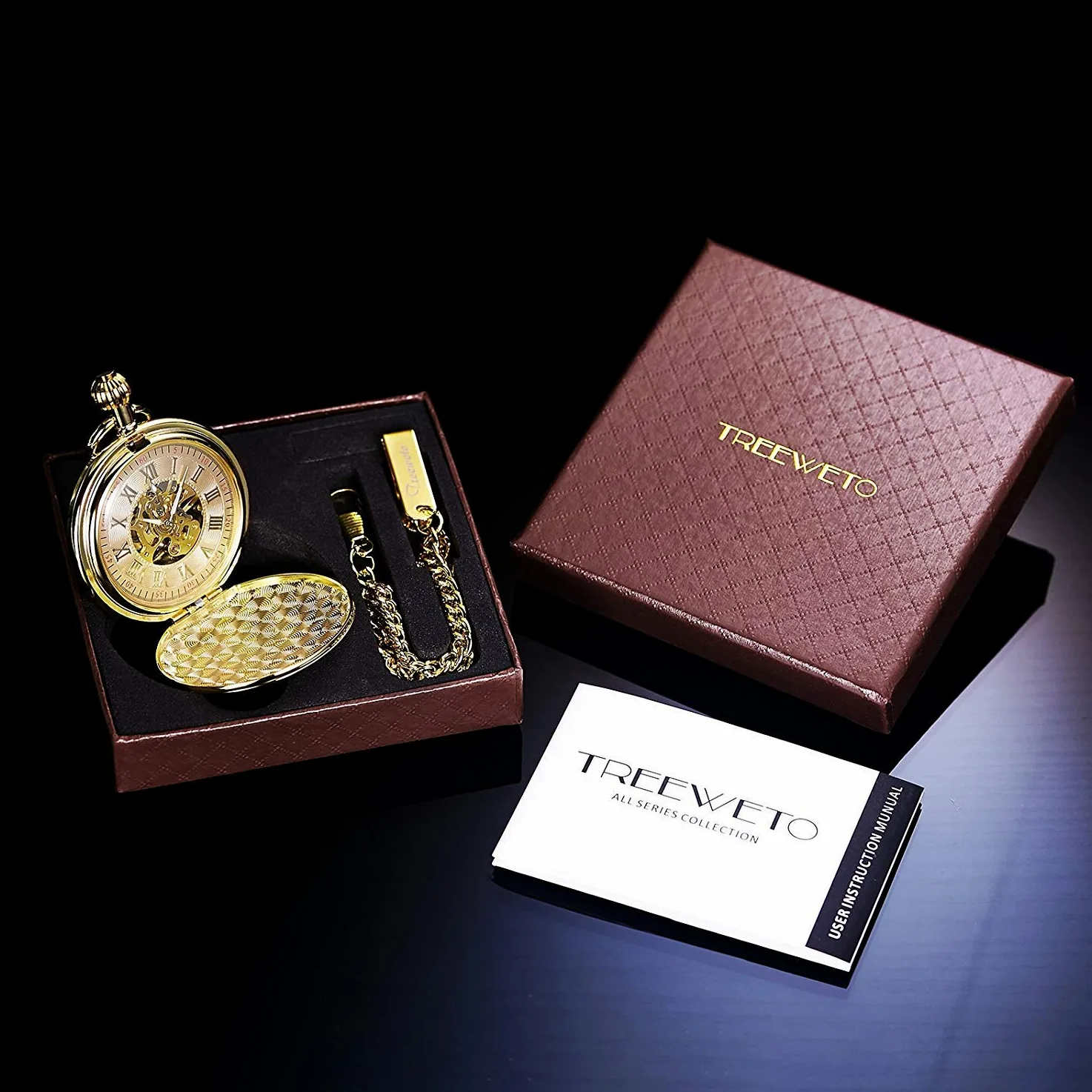 TREEWETO Orologio da tasca unisex con catena, analogico, caricamento a mano, retrò, scheletro lucido,