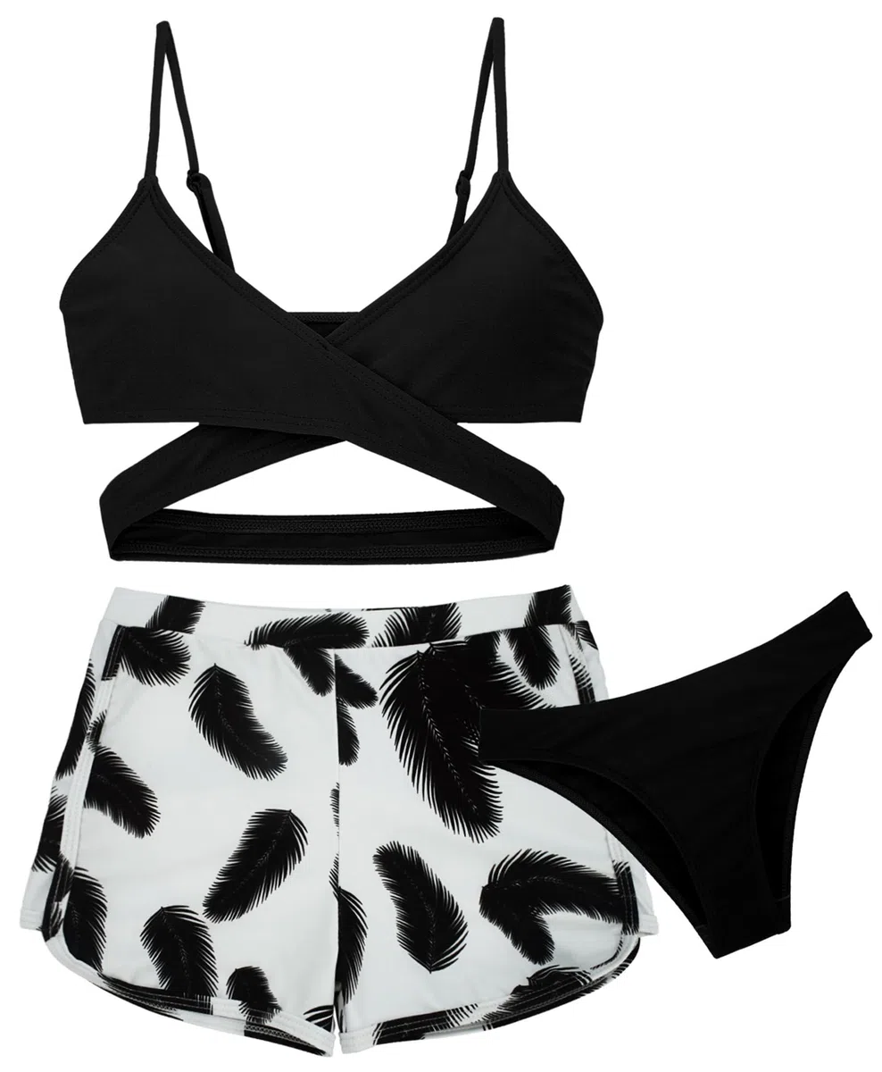 AIEOE Ragazza 3 Pezzi Bikini Stampa Tropicale Costume da Bagno con Cover Up Pantaloncini Mare Piscina 8-14 Anni