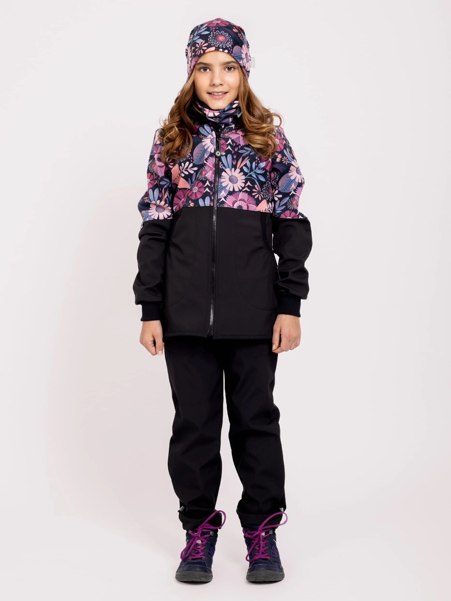 Cappotto softshell da ragazza, con pile Street, nero, con fiori magici