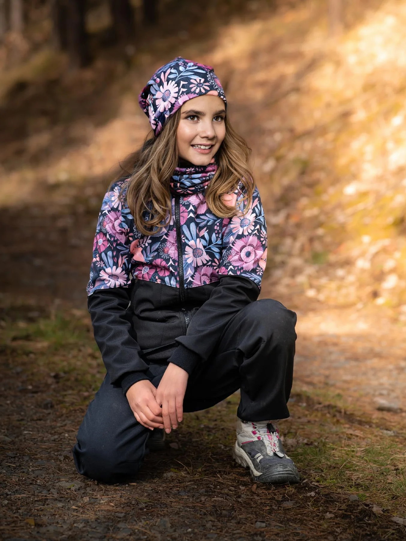 Cappotto softshell da ragazza, con pile Street, nero, con fiori magici