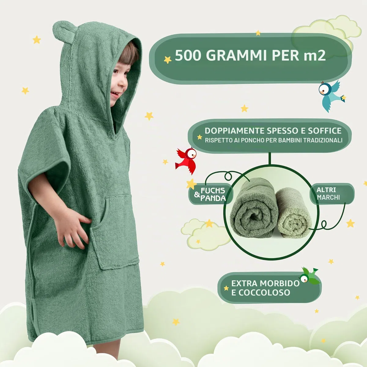 Fuchs&Panda® Poncho da Bagno per Bambini Extra Caldo e Morbido (100% Bambù) | Asciugamano Poncho Con Ottima Confezione Regalo (Rame-Verde)