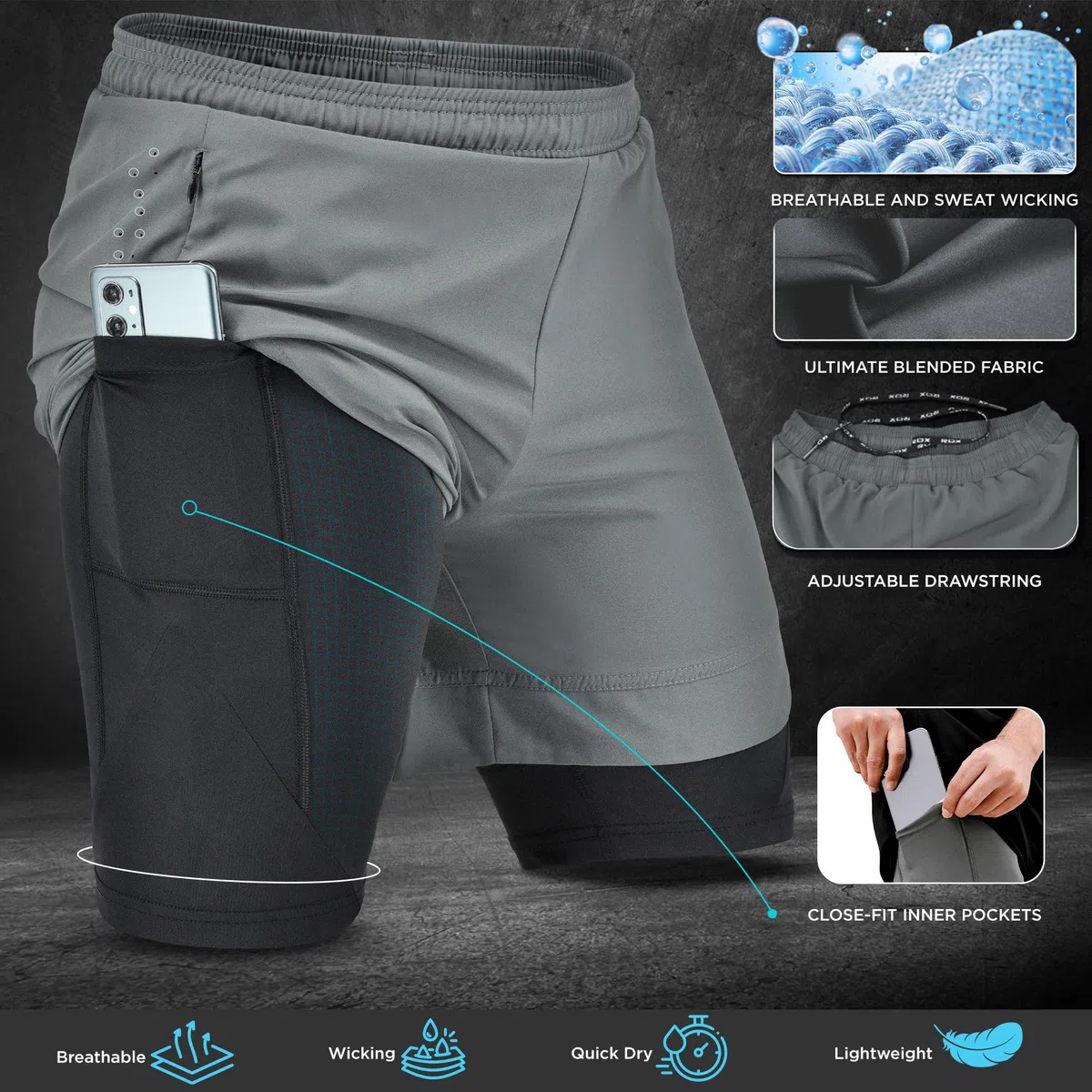 RDX Pantaloncini Running Uomo, Sportivi Running Bermuda, Elastici Leggeri Ad Asciugatura Rapida con 2 con Cerniera e 2 Tasche per Telefono per Allenamento Fitness, Jogging, Nuoto, Ciclismo, Yoga