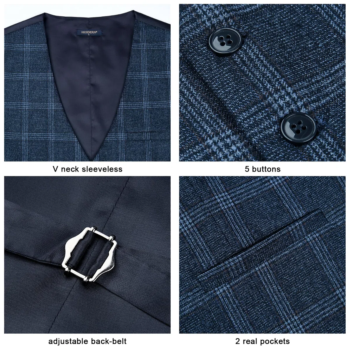 HISDERN Gilet da Abito da Uomo a Quadri Classico Elegante Panciotto Uomo in Cotone Formale Casual Scozzese Senza Maniche da Matrimonio con Tasche