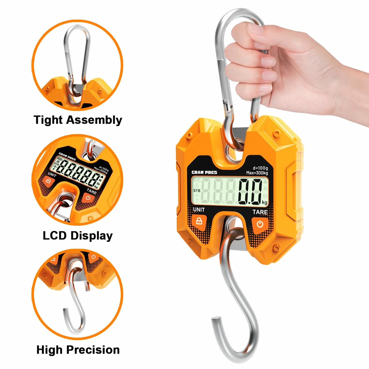 GRAM PRES Bilancia sospesa digitale 660LB/300KG, mini bilancia portatile da caccia ai cervi, bilancia digitale con ganci per fattoria, pesce, carne, selvaggina, bagagli, attività all'aperto.