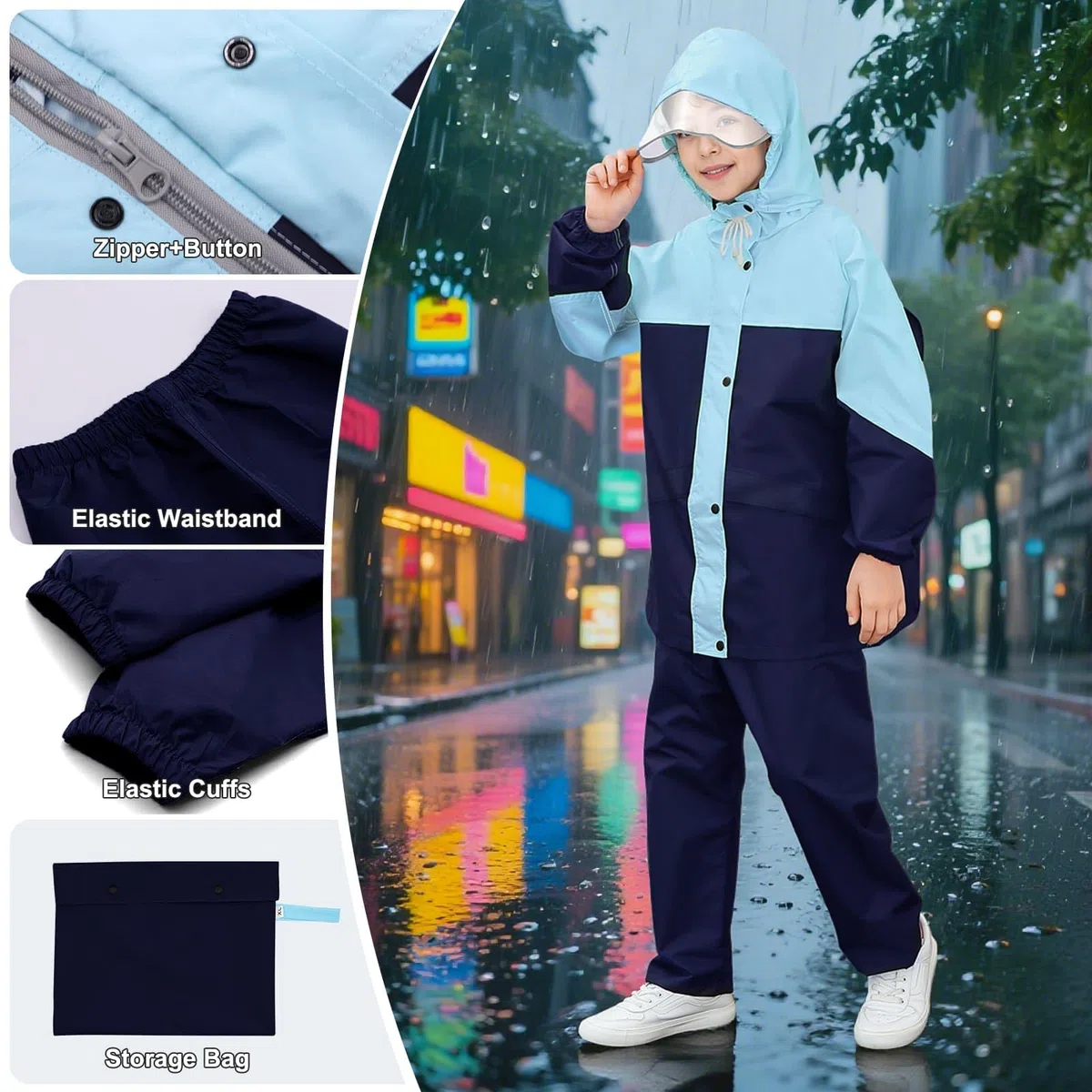 JinBei Tuta Impermeabile Ragazze Ragazzi, Leggero Tuta Pioggia con Cappuccio Bambina Pantaloni e Giacca Antipioggia Impermeabili Completo con Strisce Riflettenti per Scuola Camping 8-14 Anni