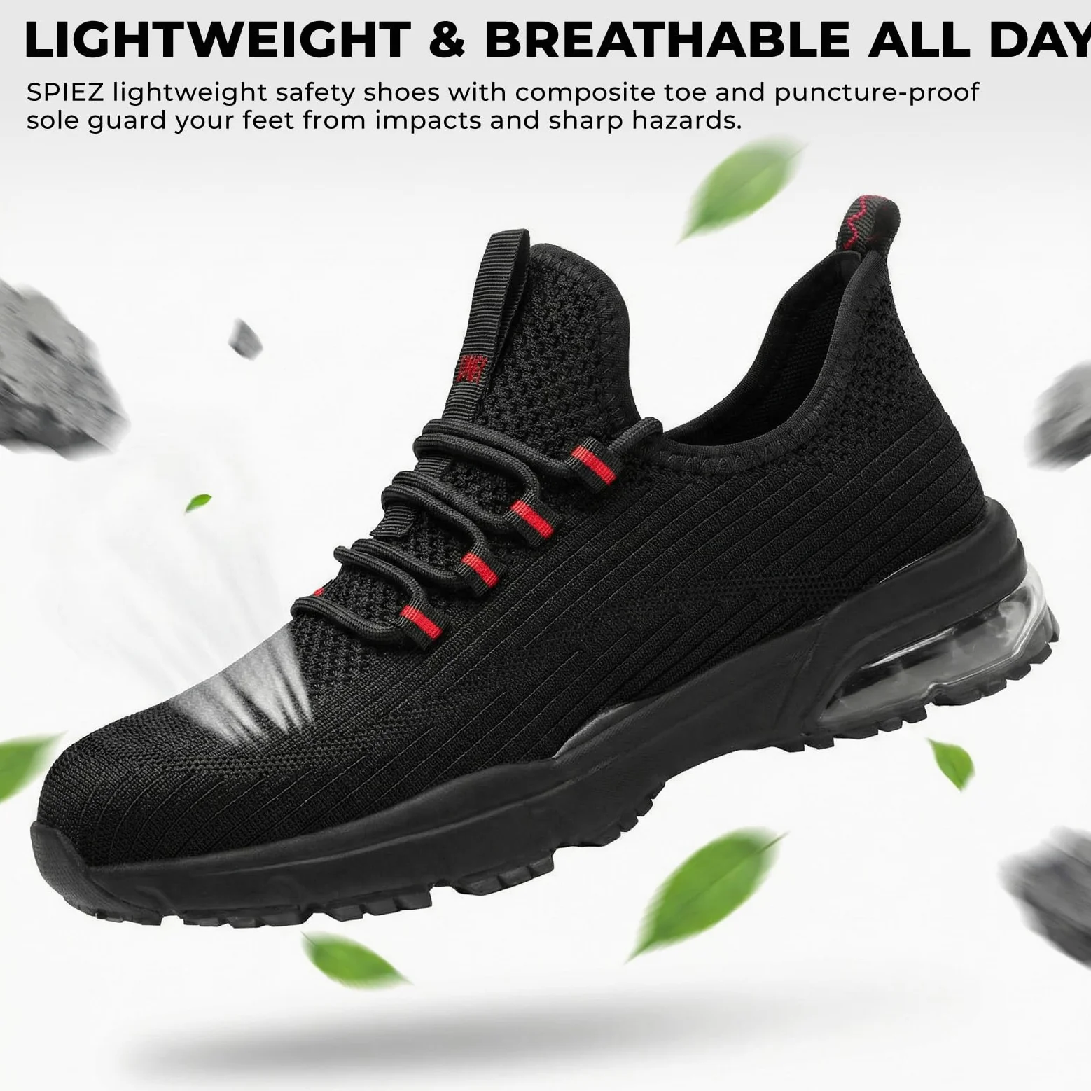 SPIEZ Scarpe Antinfortunistiche Unisex, Zapatillas da Lavoro Leggere con Punta Compositi, Antiscivolo e Ammortizzazione d'Aria, Nero/Rosso, EU 36-46