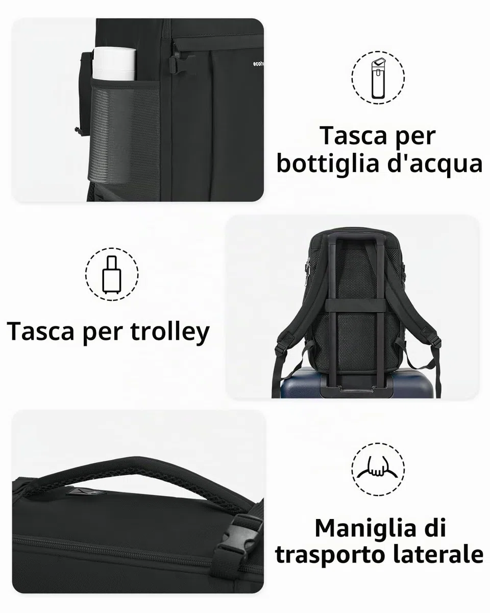 ECOHUB 20L Zaino Ryanair 40x20x25, Zaino Da Viaggio Aereo Bagaglio a Mano Con Scomparto Per Laptop 3D, Resistente all'Acqua Bagaglio a Mano 40x20x25 Ryanair, Riciclato Zaino Viaggio Donna Uomo, Nero