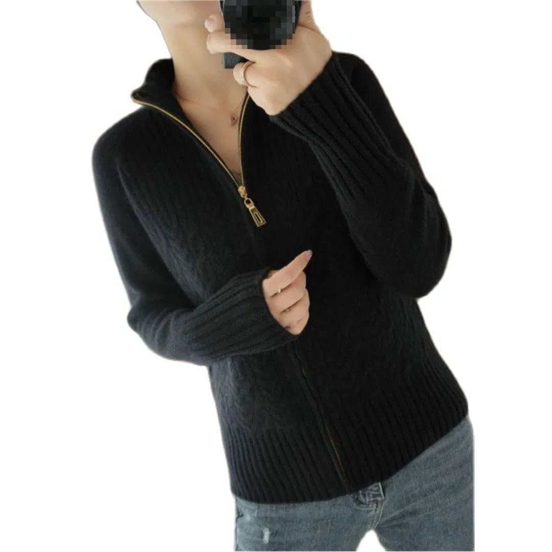 Ownwfeat Maglione Cardigan da Donna con Cerniera E Collo Alto, Maglione Casual Intrecciato