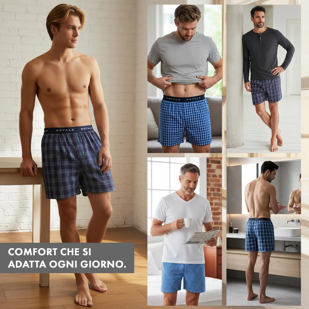 ROYALZ Boxer Uomo Cotone 100 per Cento (Confezione da 5 Pezzi) - Mutande Boxer Americani Uomo Larghi - Briefs Intimo con Motivo a Quadri Blu