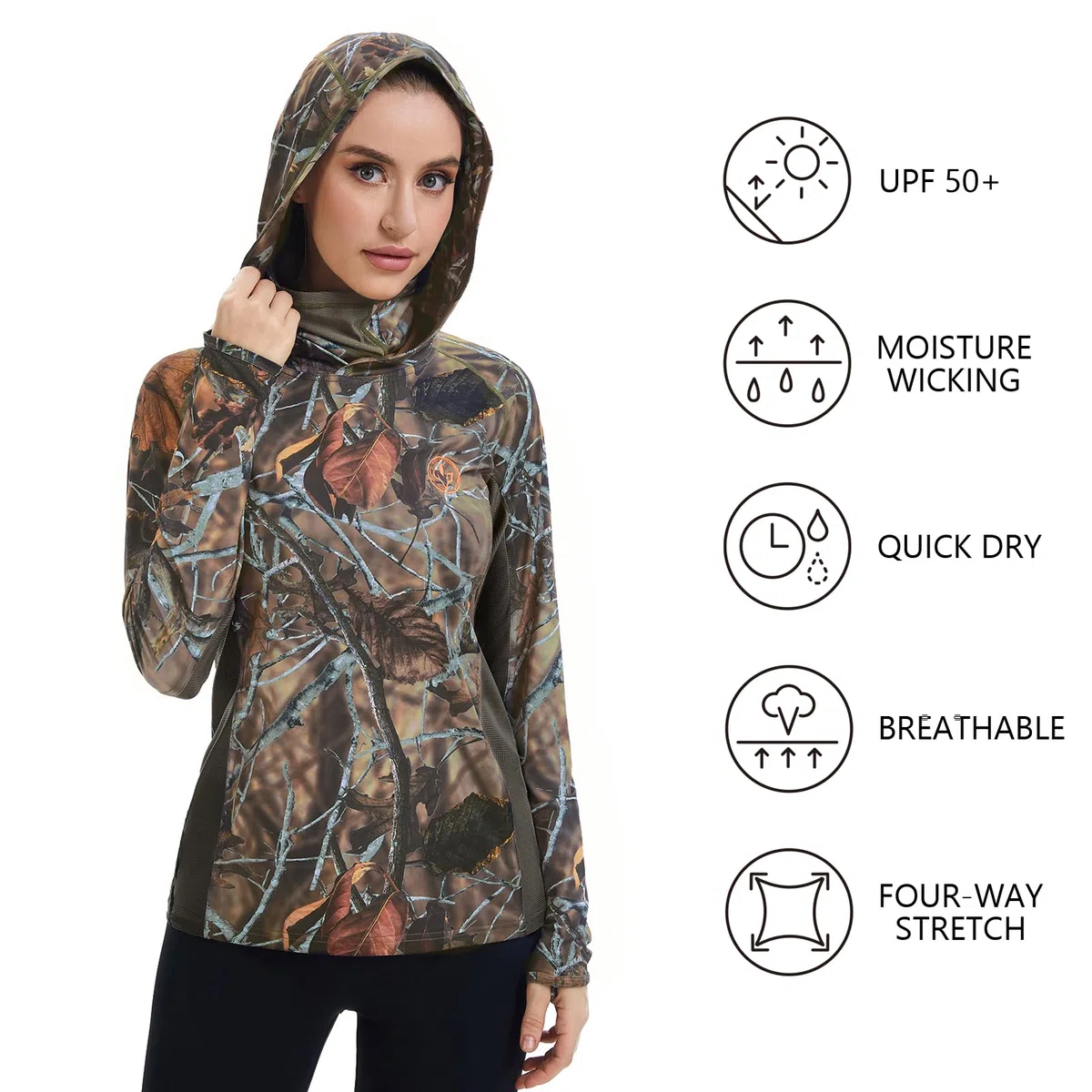 BASSDASH Felpa con cappuccio da donna UPF 50+ mimetica da caccia con ghetta per il collo, traspirante, a maniche lunghe, da pesca, FS03W