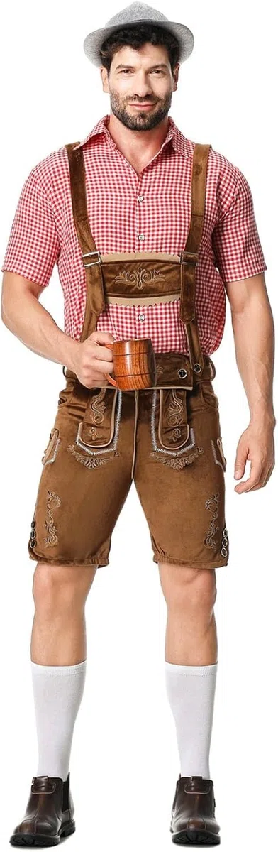 Lederhosen - Set costume da uomo per Oktoberfest, completo camicia tradizionale a quadri, salopette bavarese