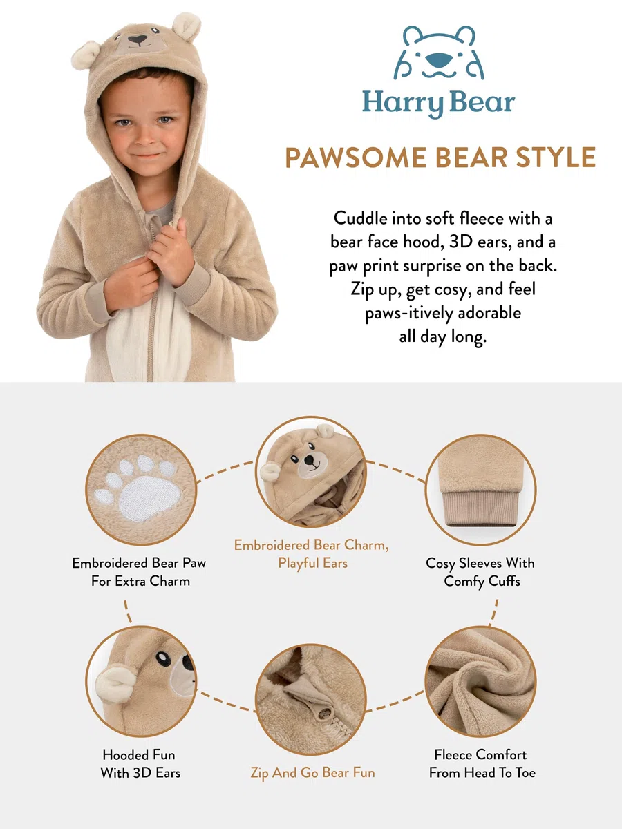 Harry Bear Tutina Pigiama Intera con Cappuccio per Bambini Orso Coniglio O Dinosauro in Morbido, Pigiama Animale