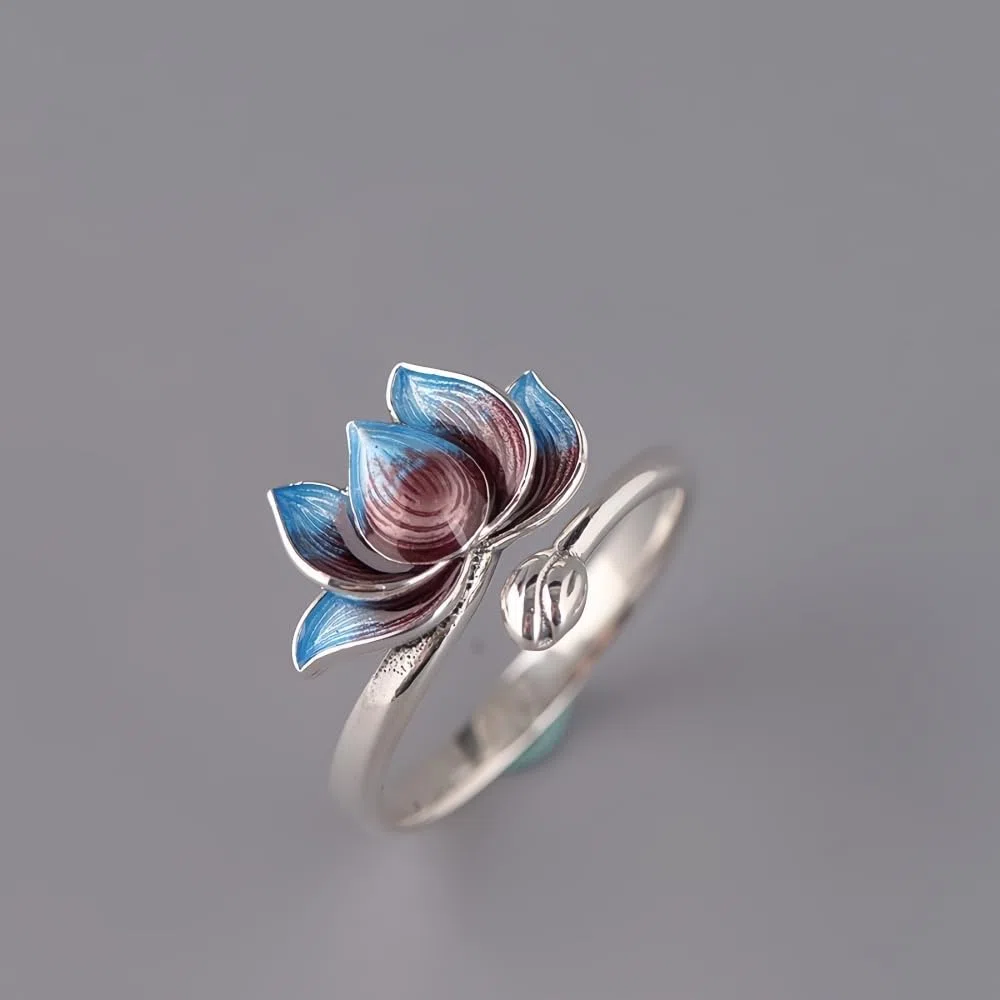 Anello aperto fiore di loto smaltato in argento sterling 925 per donna e ragazza regolabile