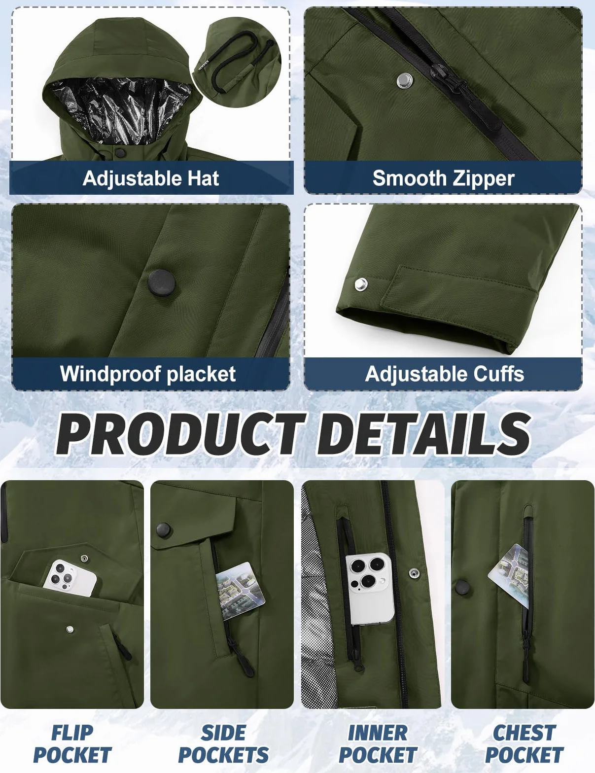 Voqeen Uomo Giacca Sci Invernale Impermeabile Giacche con Cappuccio Staccabile Termica Antivento Cappotto Sportiva Calda con Multi-Tasche