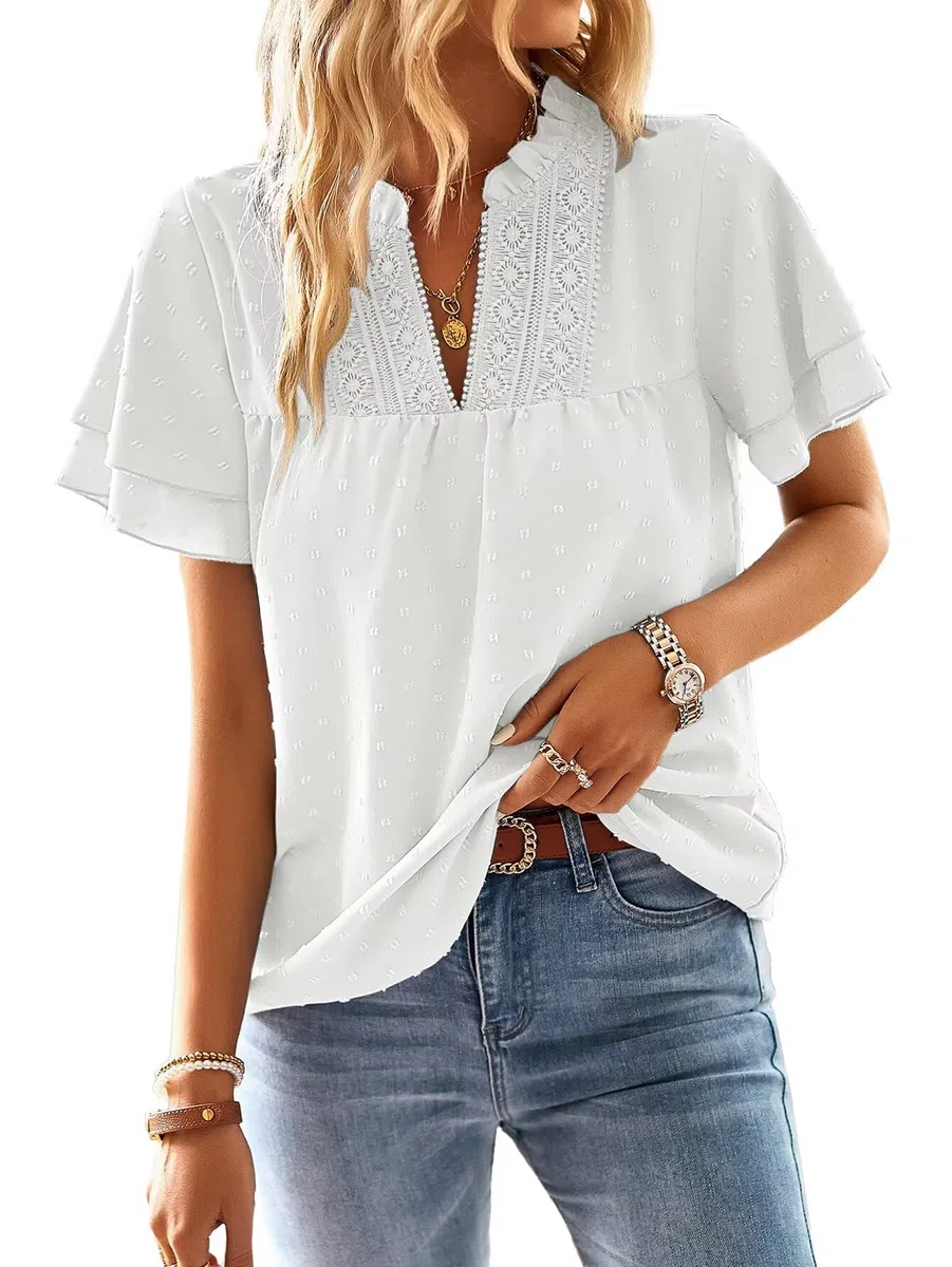 T Shirt Donna Elegante Manica Corta Magliette con Scollo a V Estiva Boho Camicia Casual Volant Abbigliamento Pizzo Top