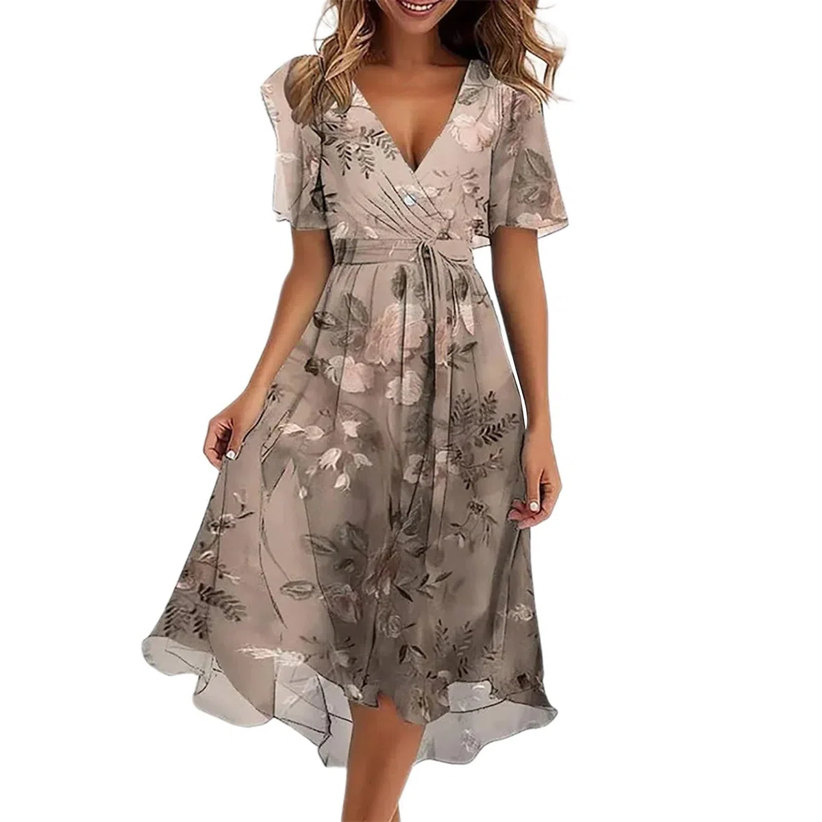 Abito estivo da donna, lunghezza al ginocchio, elegante, a maniche corte, da spiaggia, per il tempo libero, con scollo a V, abito da spiaggia in chiffon, abito da sera casual, abito da sera leggero e