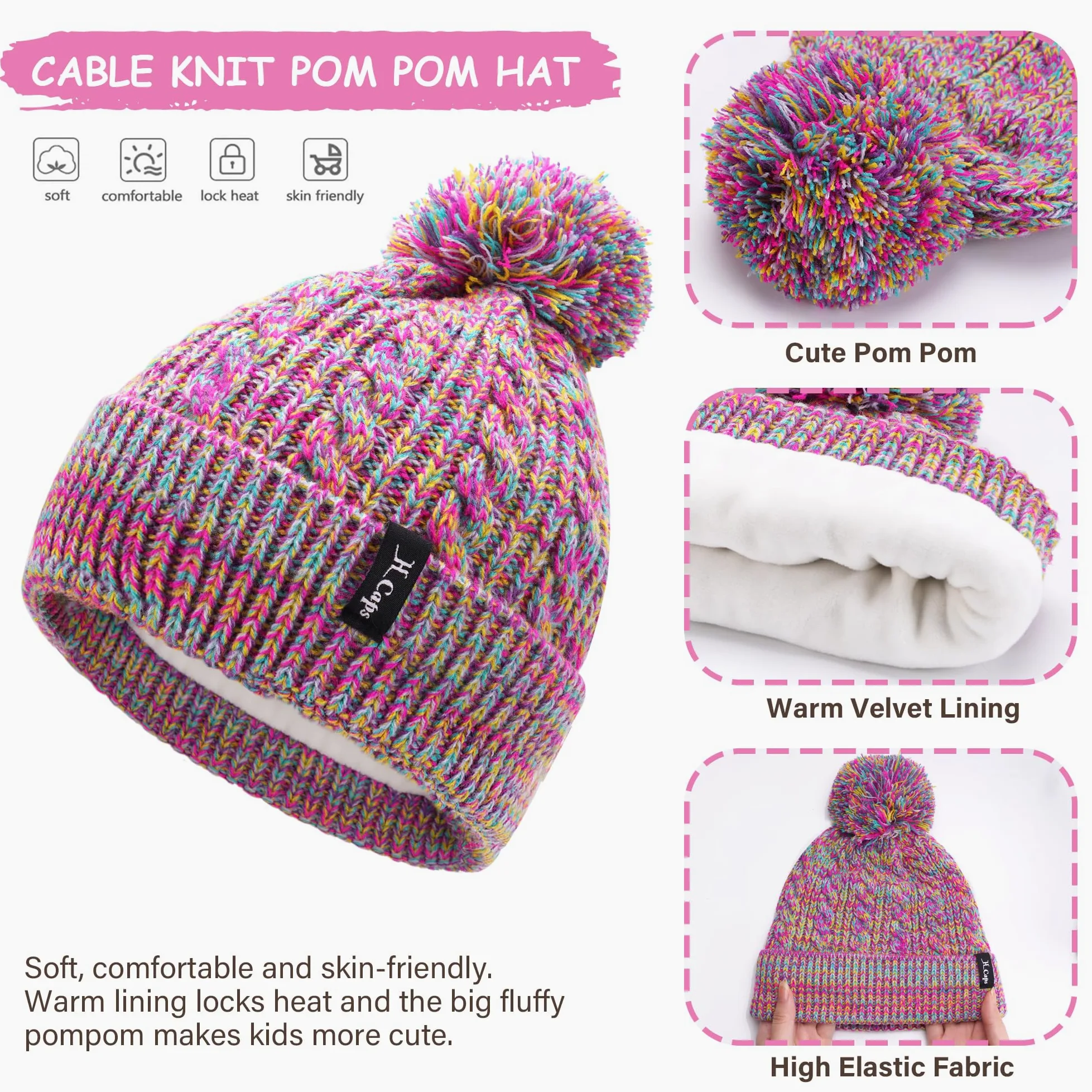 ZASFOU Cappello Invernale Sciarpa Guanti Touch Screen Set per Bambini 3-6-12 Anni Berretto Cappelli in Maglia con Pompon Scaldacollo Guanto Regali per Ragazze Ragazzo