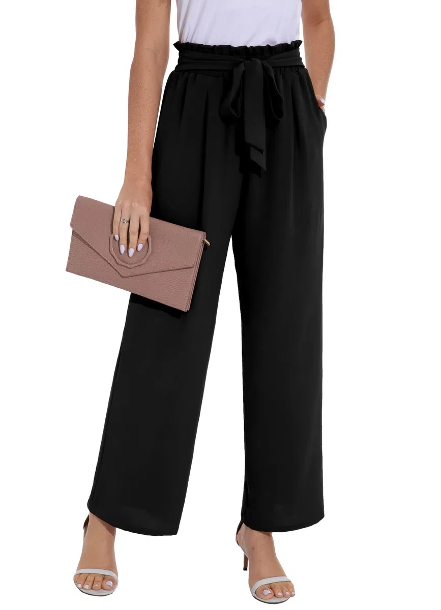 PrinStory Pantaloni estivi da donna a gamba larga, leggeri, elasticizzati, con tasche, pantaloni da lavoro casual
