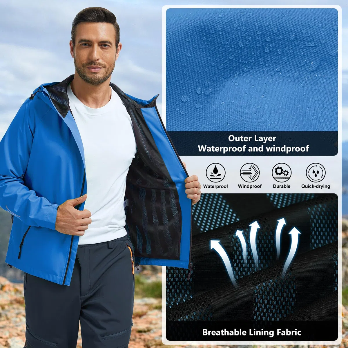 UMIPUBO Giacca Impermeabile Per Uomo Antipioggia Cappotto Da Pioggia All'aperto Resistente Al Vento Riflettente Respirante Leggera Pieghevole Con Cappuccio Per Corsa Trekking