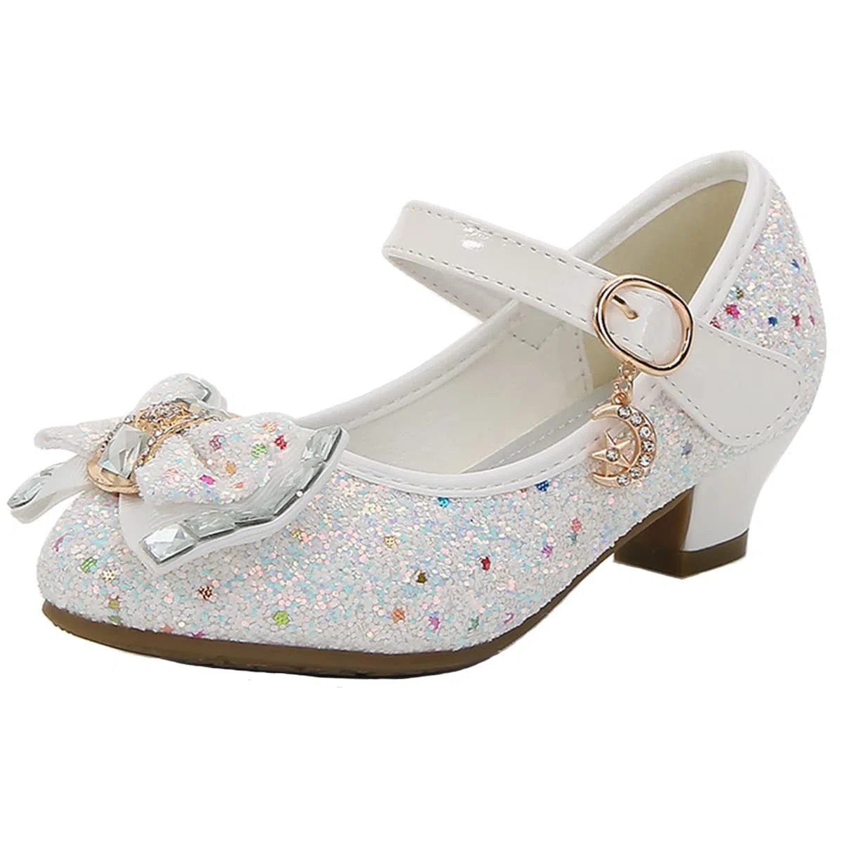 Scarpe Principessa Bambina Tacco Glitterate, Cosplay con Paillettes, Eleganti per Cerimonia Festa - Bianco / 26