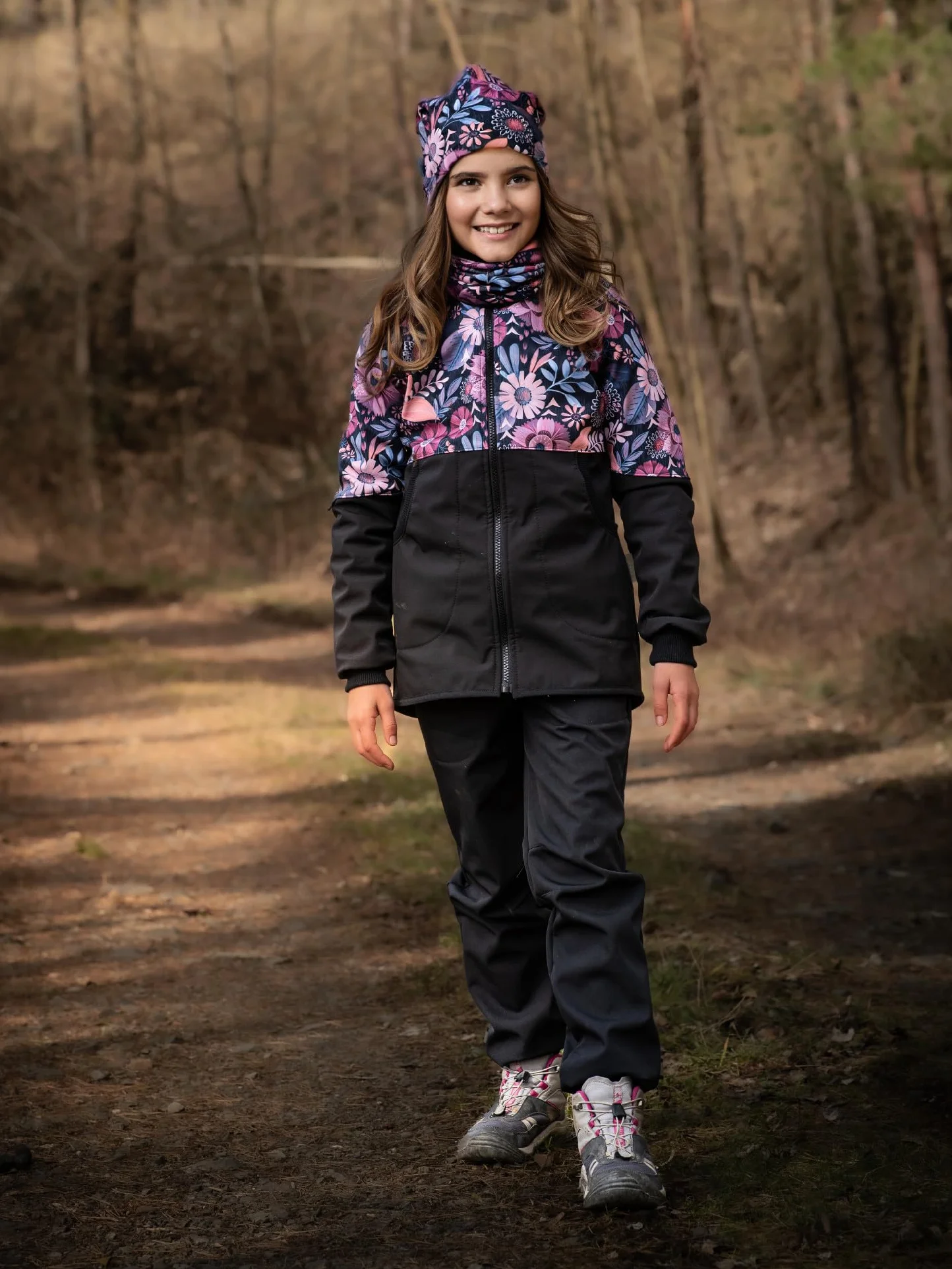 Cappotto softshell da ragazza, con pile Street, nero, con fiori magici