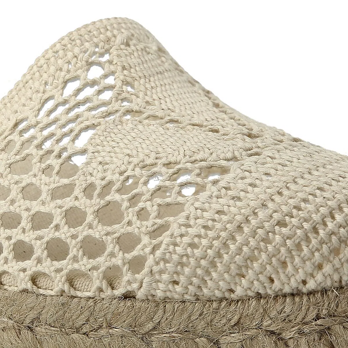 Sandali Bassi con Zeppa de Juta Sparto per Donna. Fatto in Spagna all'uncinetto. Espadrillas con Tacco Basso. Suola Imbottita in Tessuto. Fibbia o Cinturini alla Caviglia