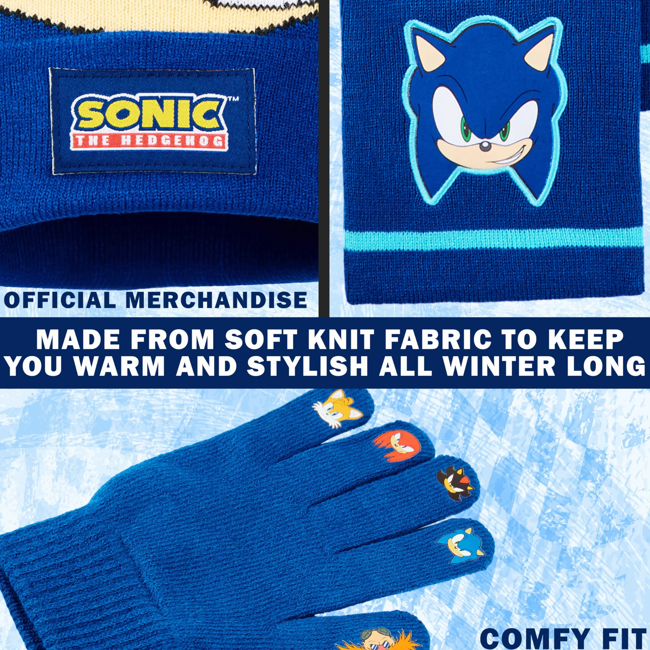 Get Trend SONIC THE HEDGEHOG Set Guanti Cappello e Sciarpa Bambini, 3 Pz Morbido Accessori Invernali Ragazzo, Regalo Gamer