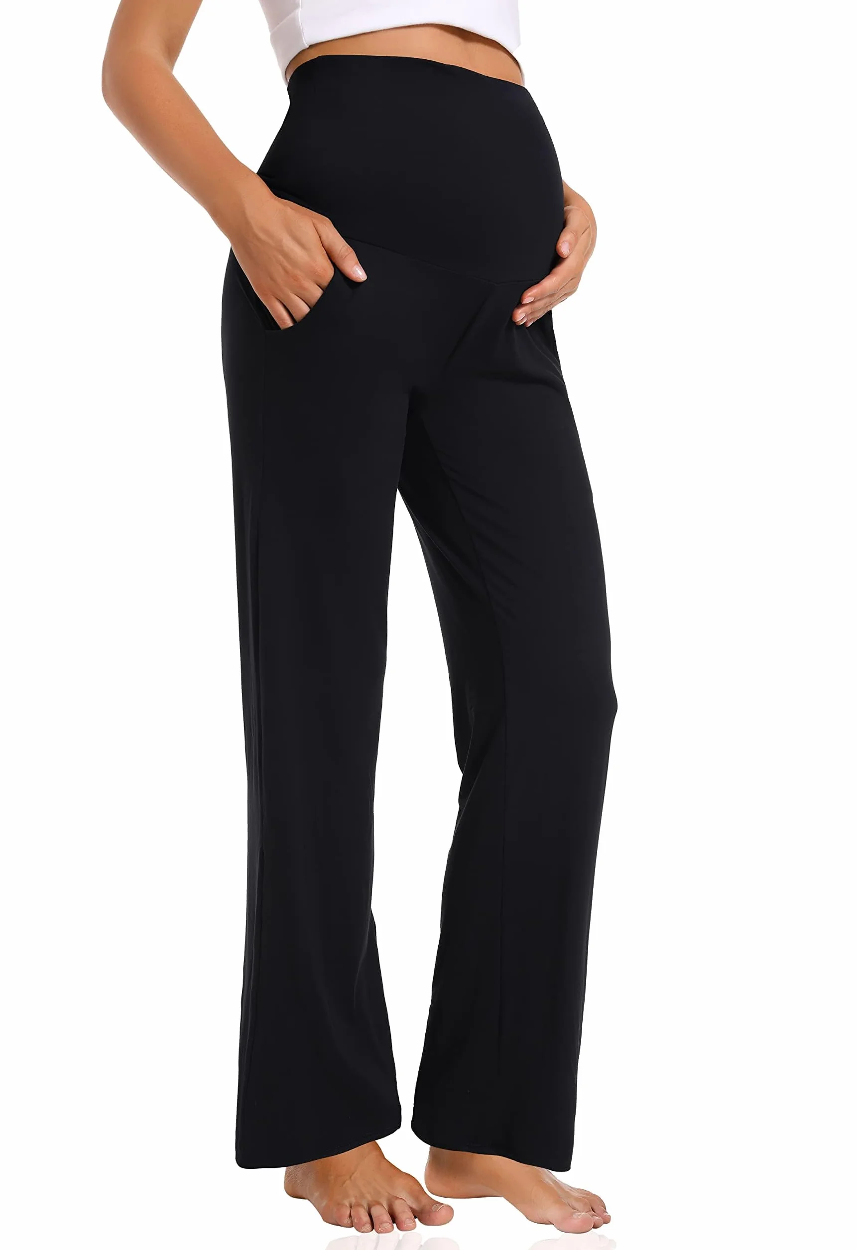 Pantaloni premaman gamba larga donna gravidanza casual largo gamba dritta lounge pantaloni con tasche pantaloni gravidanza