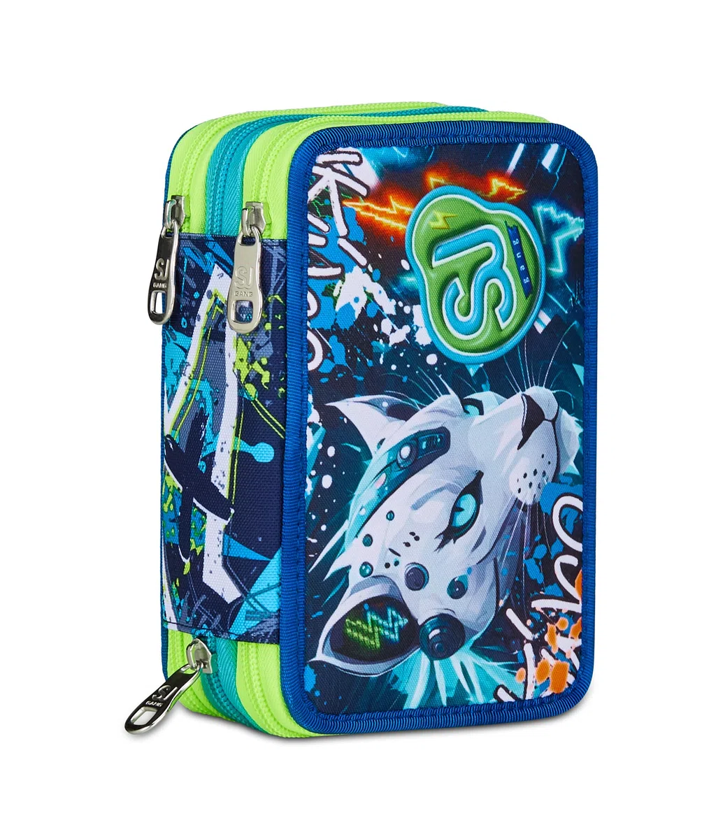 SJ GANG STYLE JAM GANG Astuccio Scuola 3 Zip, Blu, Portapenne Triplo Scomparto Completo Di Penne, Matite, Colori, Accessori Zaino, Scuole Elementari, Bambino