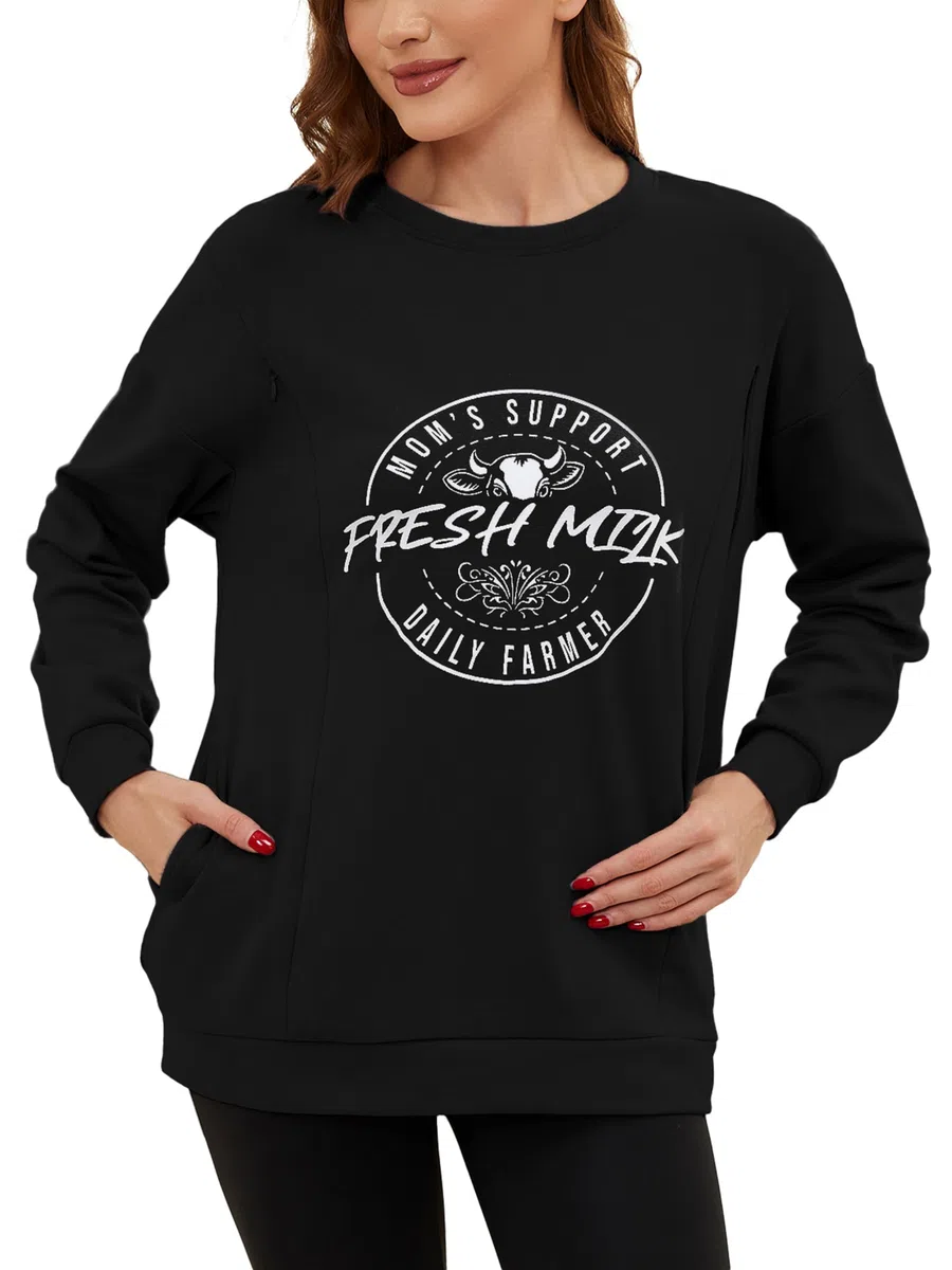 Maglietta da donna a maniche lunghe, casual, con chiusura lampo invisibile, per l'allattamento, alla moda, con tasca